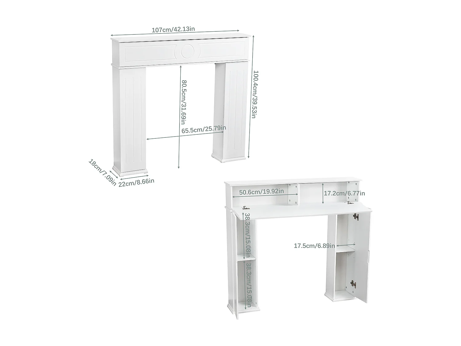 Console de lareira 107 x 18 x 100 cm, Armário de armazenamento decorativo com espaço de armazenamento