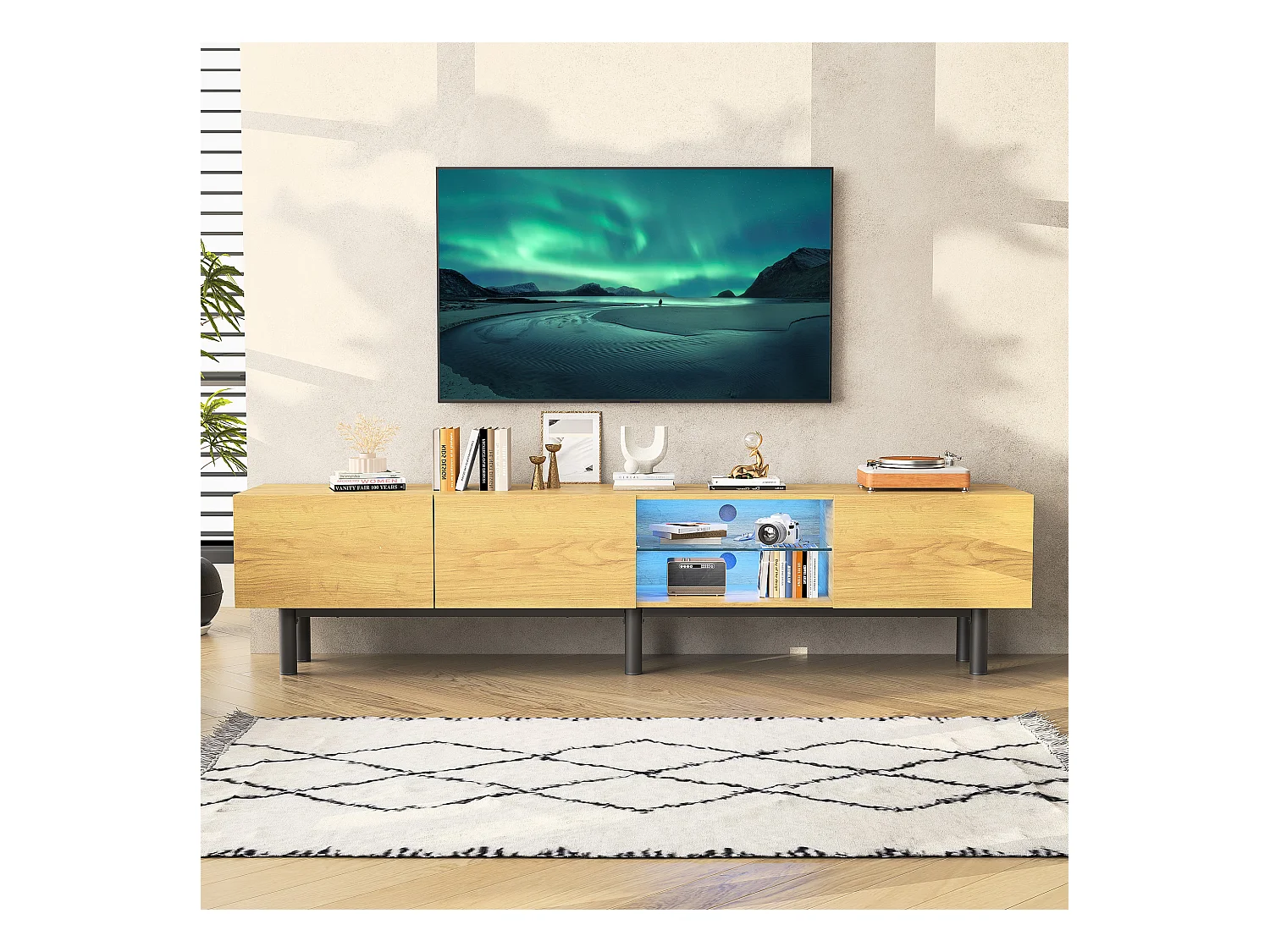 Mueble de TV moderno de 175 x 31 x 41 cm con LED, mueble de TV de madera con puertas y compartimento, color negro y madera