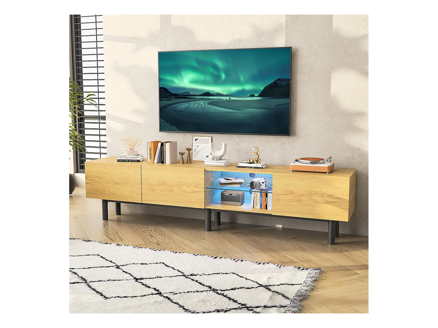 Meuble TV Moderne 175x31x41 cm avec LED,  Meuble TV Bois avec Portes et Compartiment , Noir & Bois