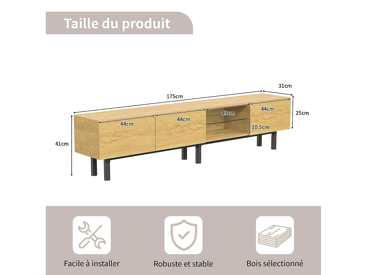Meuble TV Moderne 175x31x41 cm avec LED,  Meuble TV Bois avec Portes et Compartiment , Noir & Bois