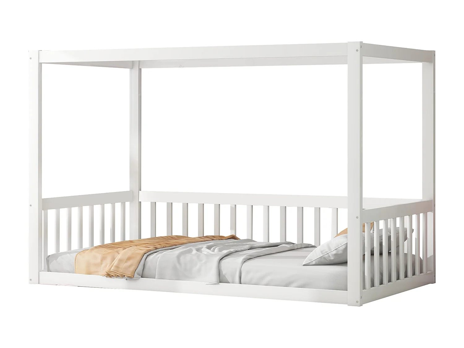 Lit enfant 90x200cm en bois avec Barrière de sécurité, sans sommier, blanc, sans matelas