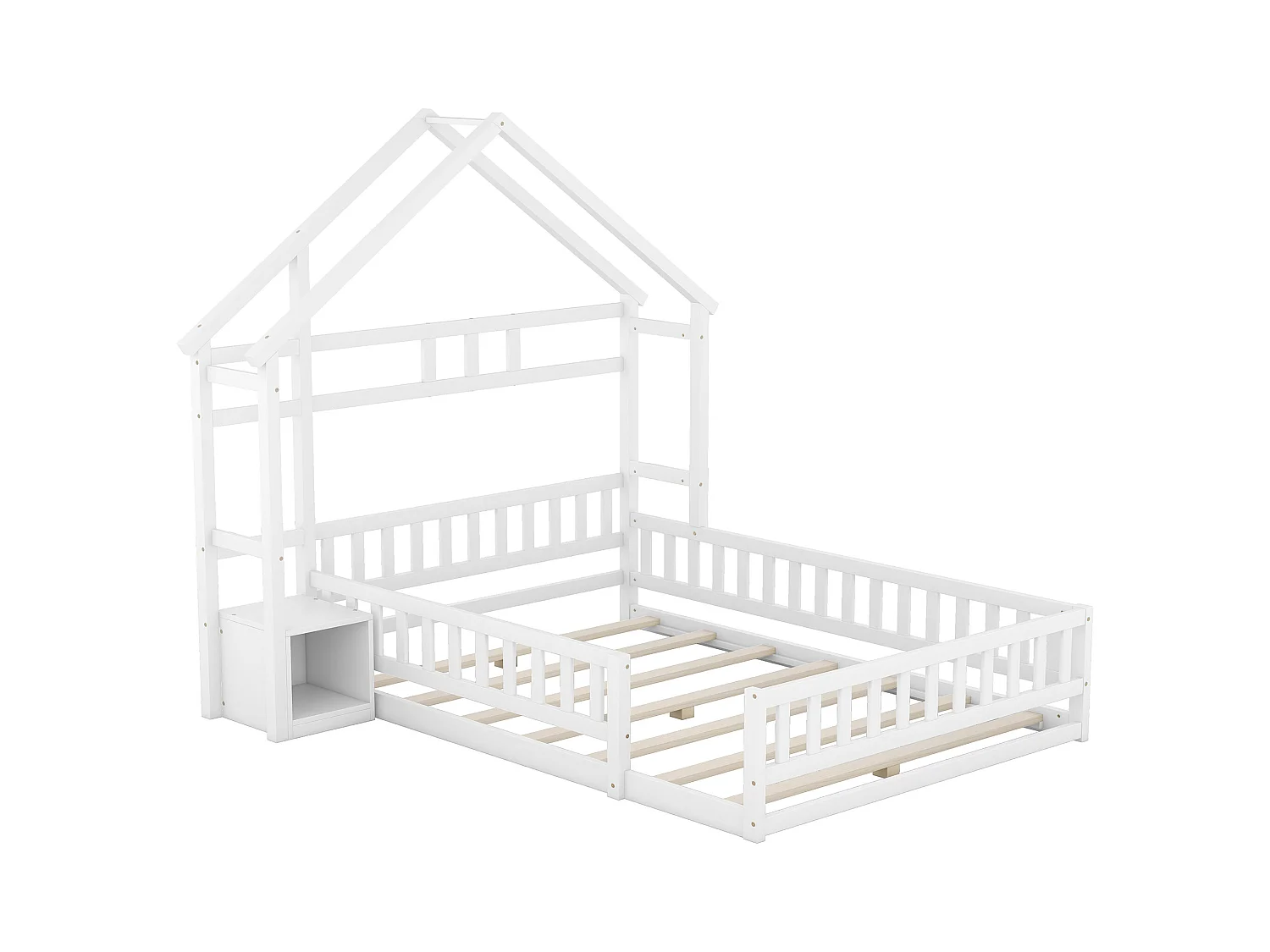 Kinderbed 140x190cm in dennenhout met opbergvak, inclusief lattenbodem, wit, zonder matras