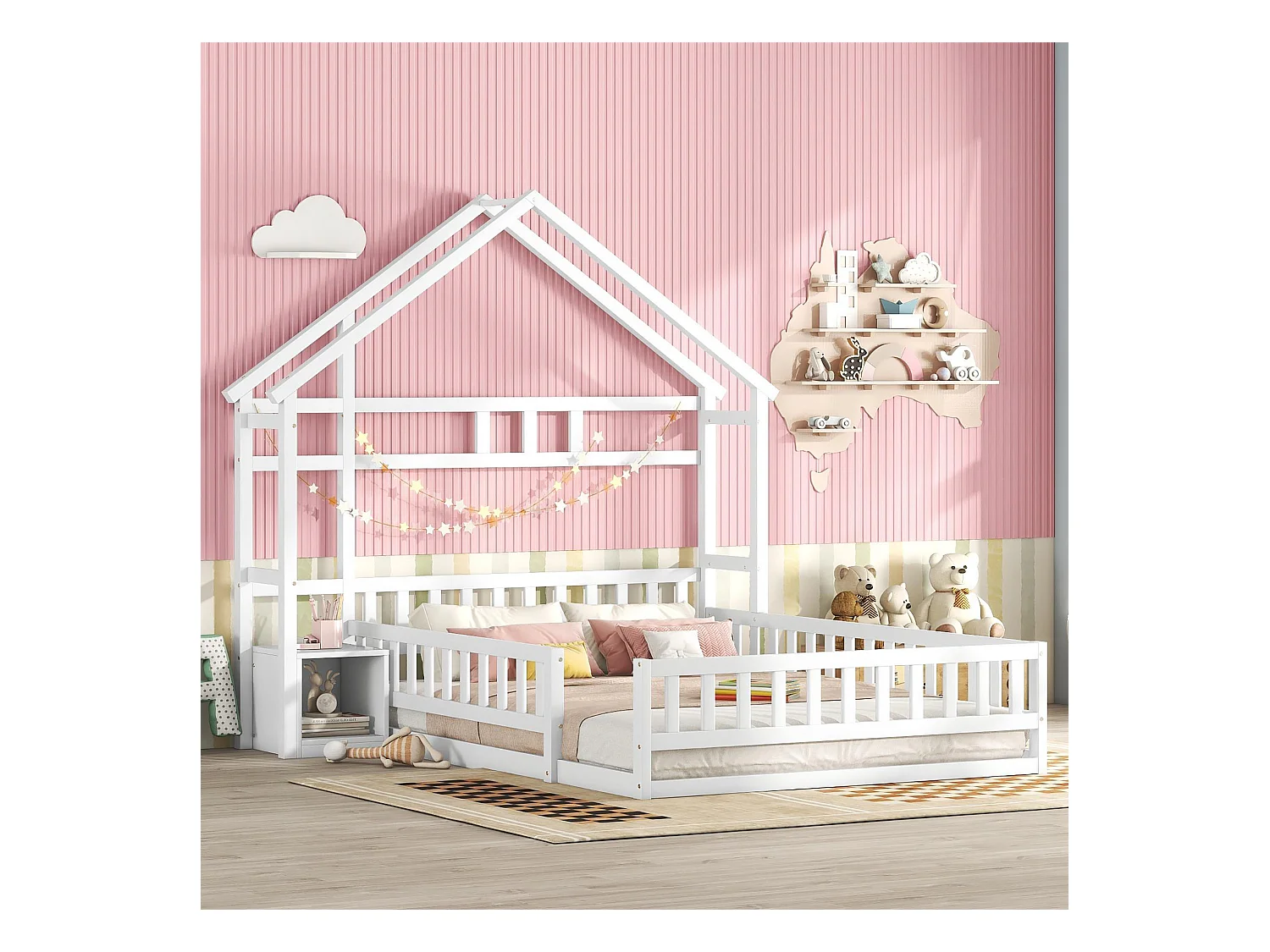Lit cabane enfant 140x190cm en pin avec compartiment de rangement, sommier inclus, blanc, sans matelas