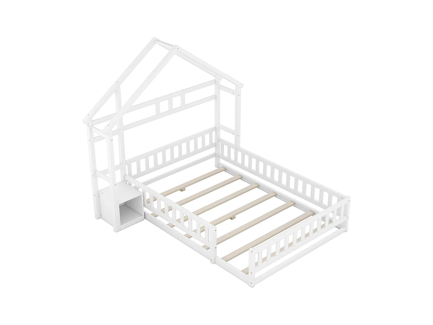 Lit cabane enfant 140x190cm en pin avec compartiment de rangement, sommier inclus, blanc, sans matelas