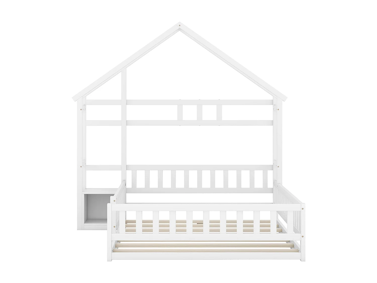 Lit cabane enfant 140x190cm en pin avec compartiment de rangement, sommier inclus, blanc, sans matelas