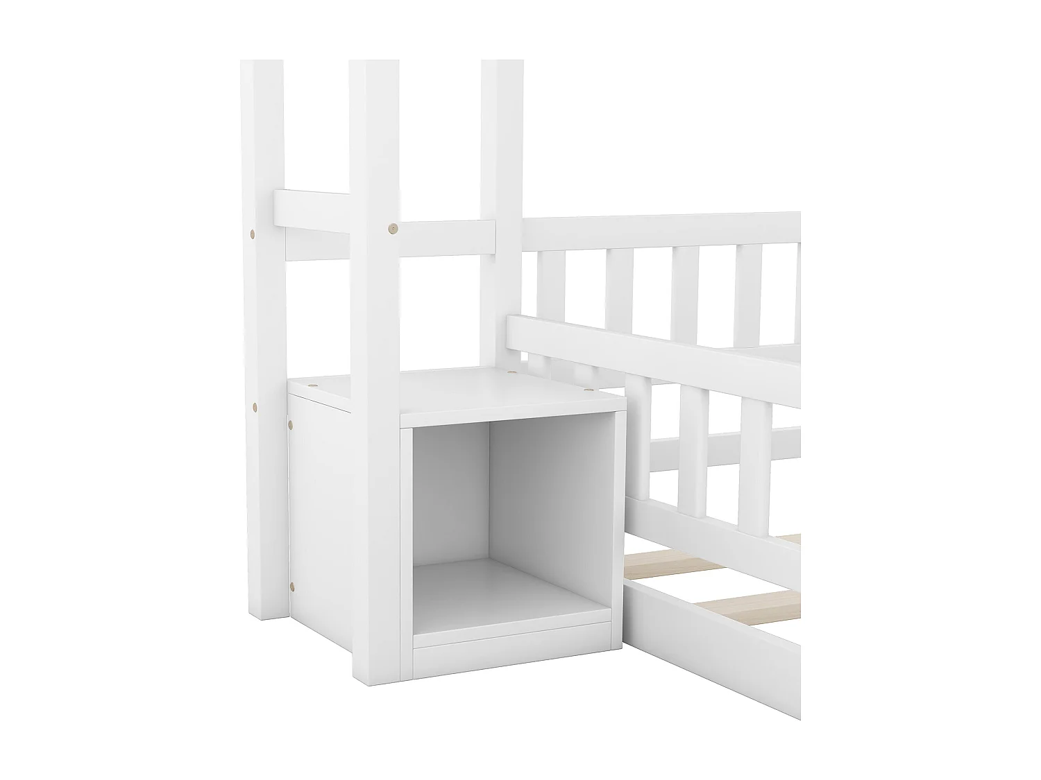 Lit cabane enfant 140x190cm en pin avec compartiment de rangement, sommier inclus, blanc, sans matelas