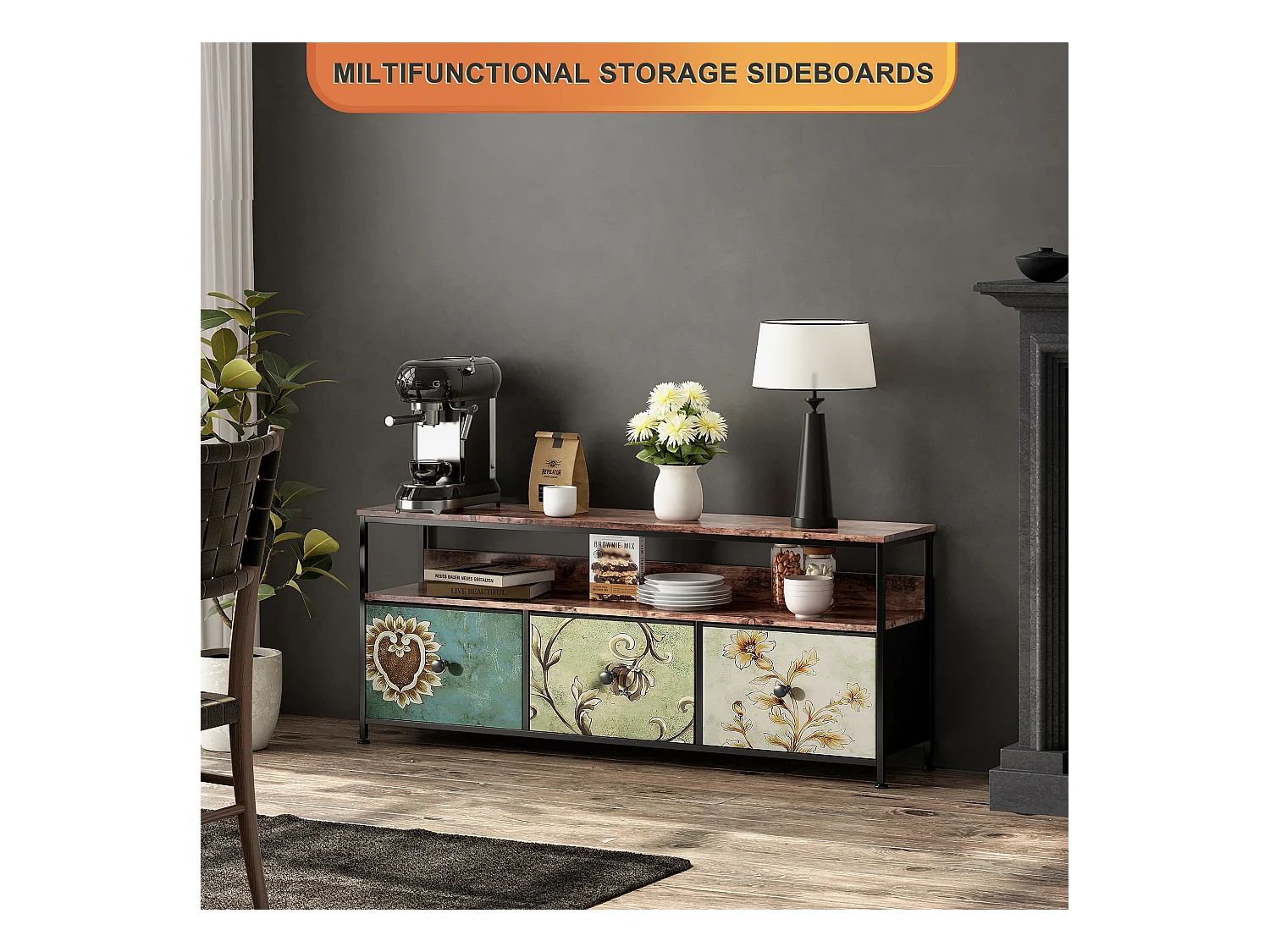 Móvel TV 108 x 30 x 57 cm, Com iluminação LED e gavetas, com espaço de arrumação, Multicolorido