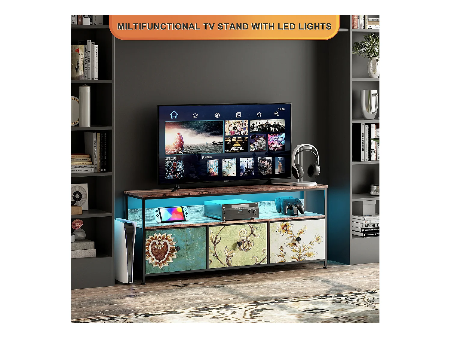 Móvel TV 108 x 30 x 57 cm, Com iluminação LED e gavetas, com espaço de arrumação, Multicolorido