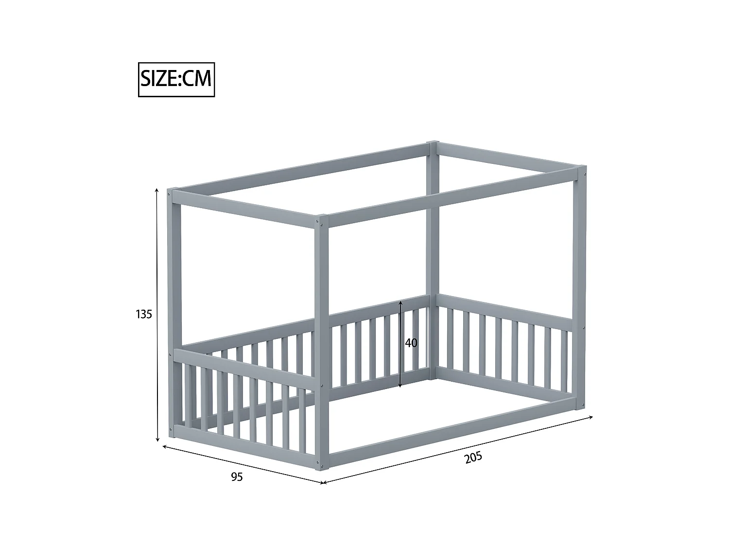 Kinderbed 90x200cm in hout met veiligheidshekje, zonder bodem, grijs, zonder matras