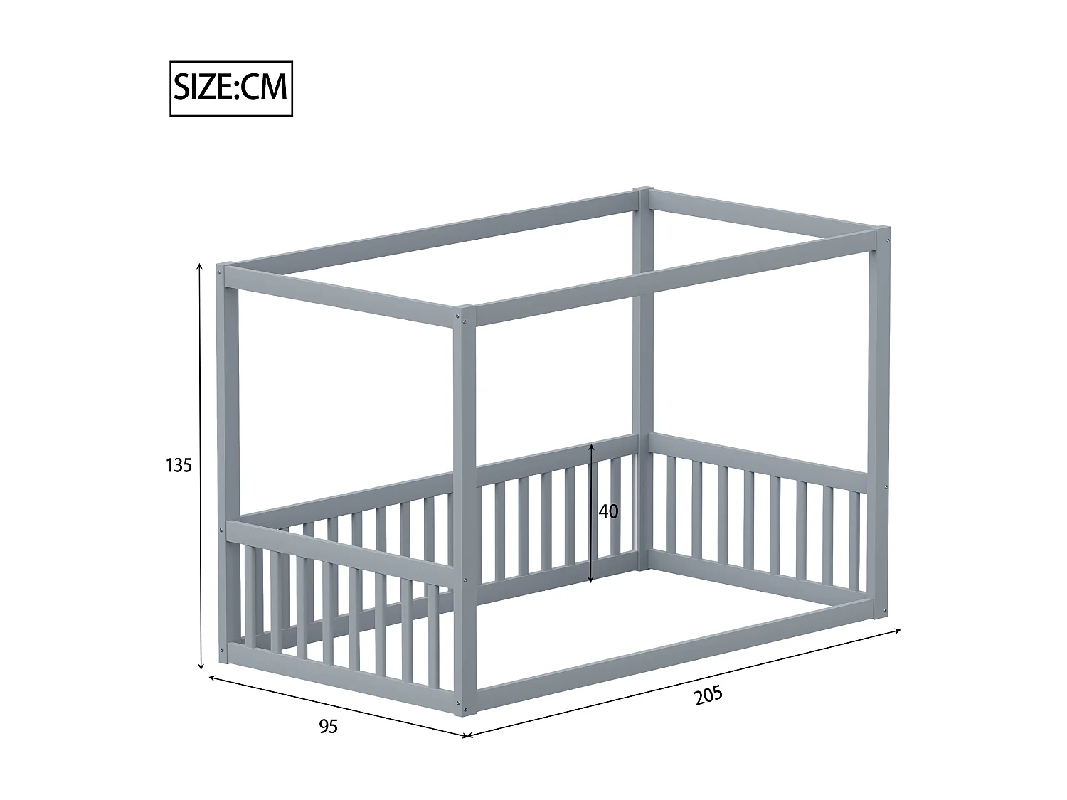 Lit enfant 90x200cm en bois avec Barrière de sécurité, sans sommier, gris, sans matelas