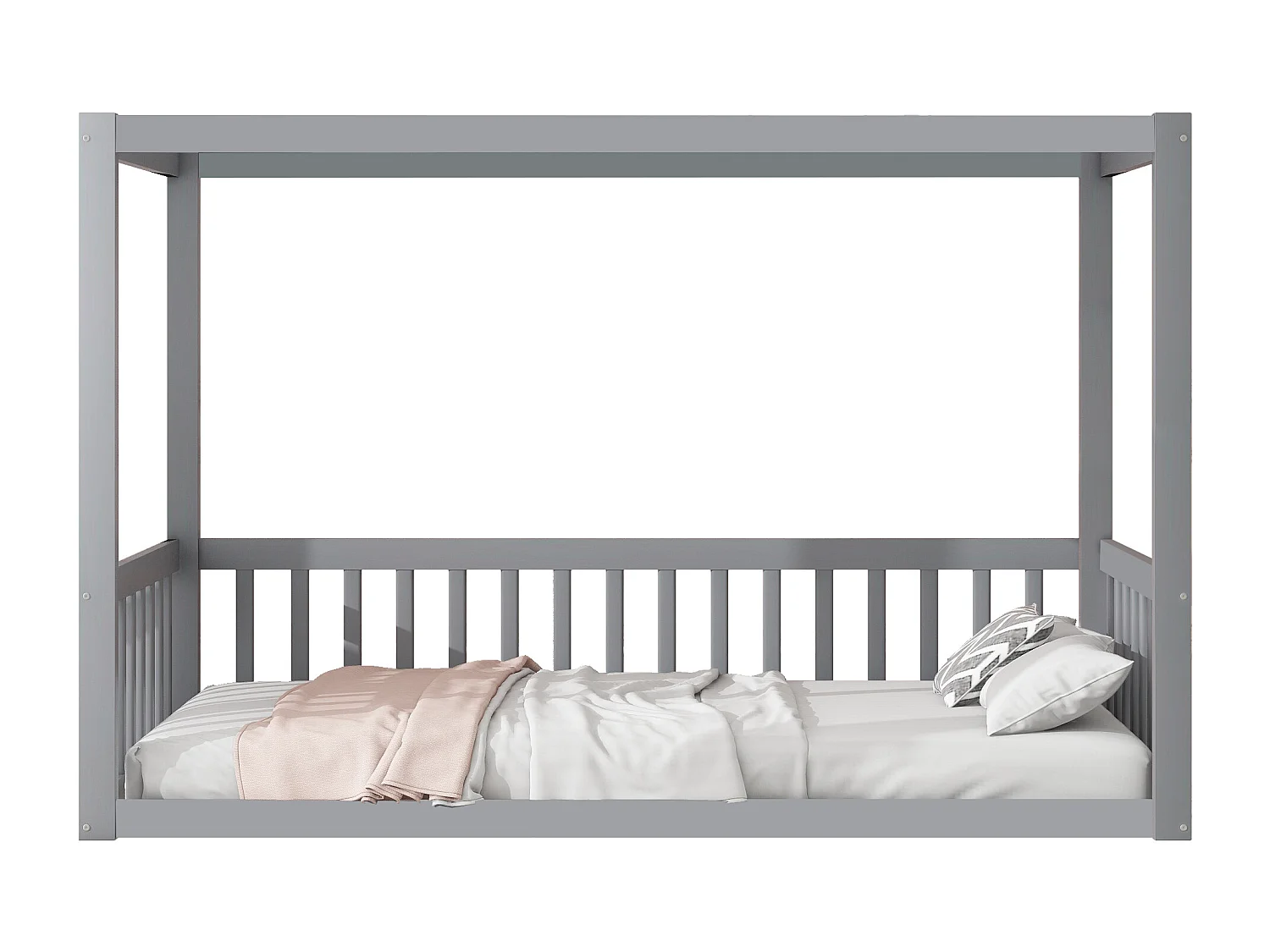 Lit enfant 90x200cm en bois avec Barrière de sécurité, sans sommier, gris, sans matelas