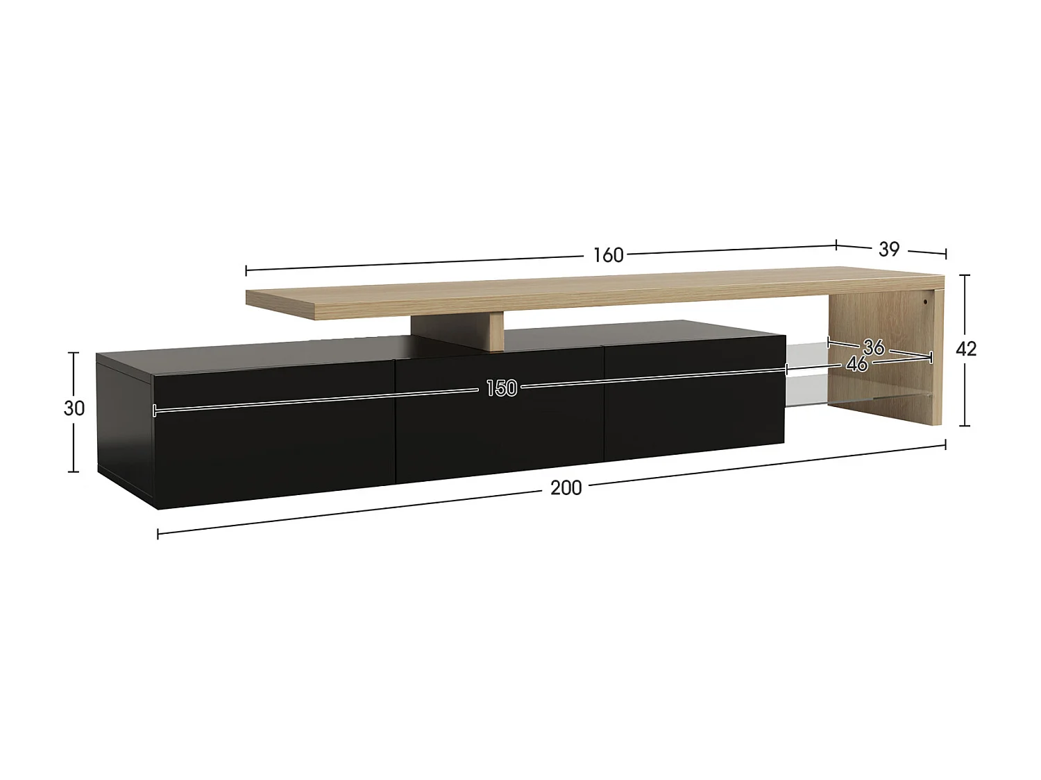 Meuble TV 200 x 39 x 42 cm , Meuble TV avec LED 7 Couleurs, Meuble TV Plateau de Table, noir