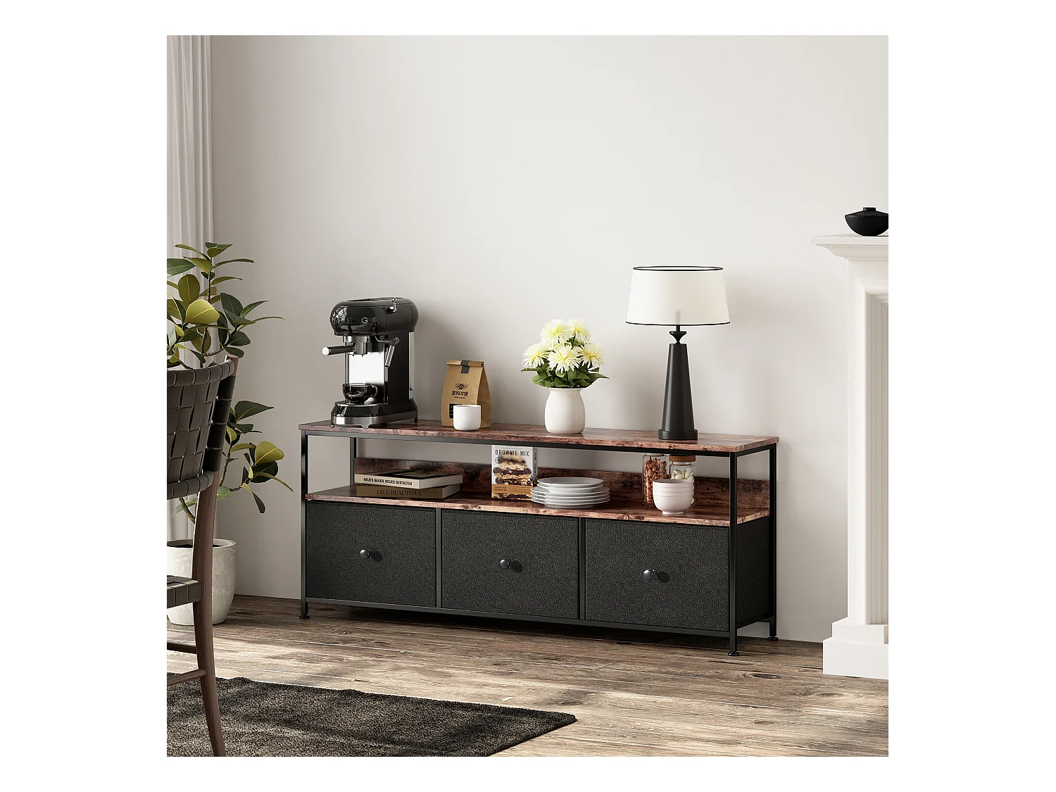 Meuble TV  137 x 30 x 57 cm , Avec éclairage LED et tiroirs , avec espace de rangement , noir