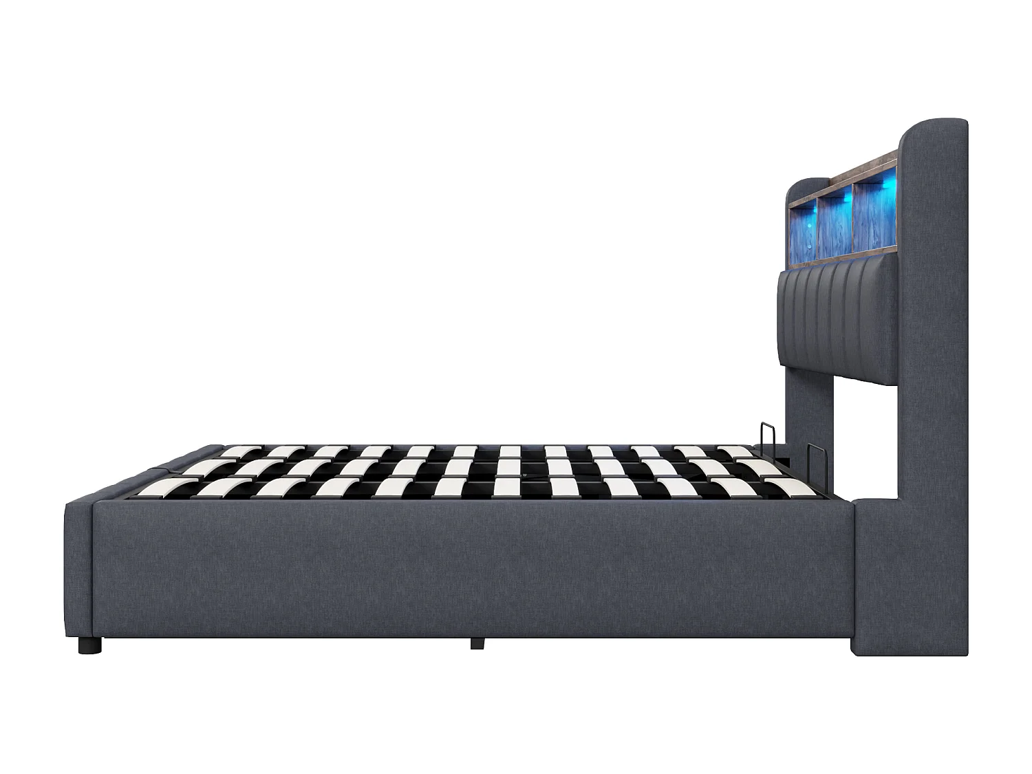 Kinderbed met opbergruimte 180x200cm met LED en USB type-C, opberghoofdeinde, grijze linnen stof, zonder matras