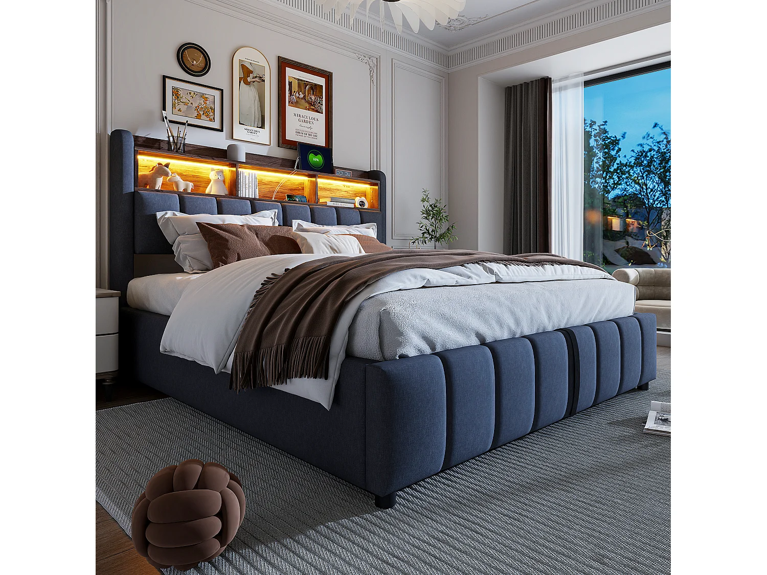 Lit coffre enfant 180x200cm avec LED et USB type-C, tête de lit de rangement, tissu en lin gris, sans matelas