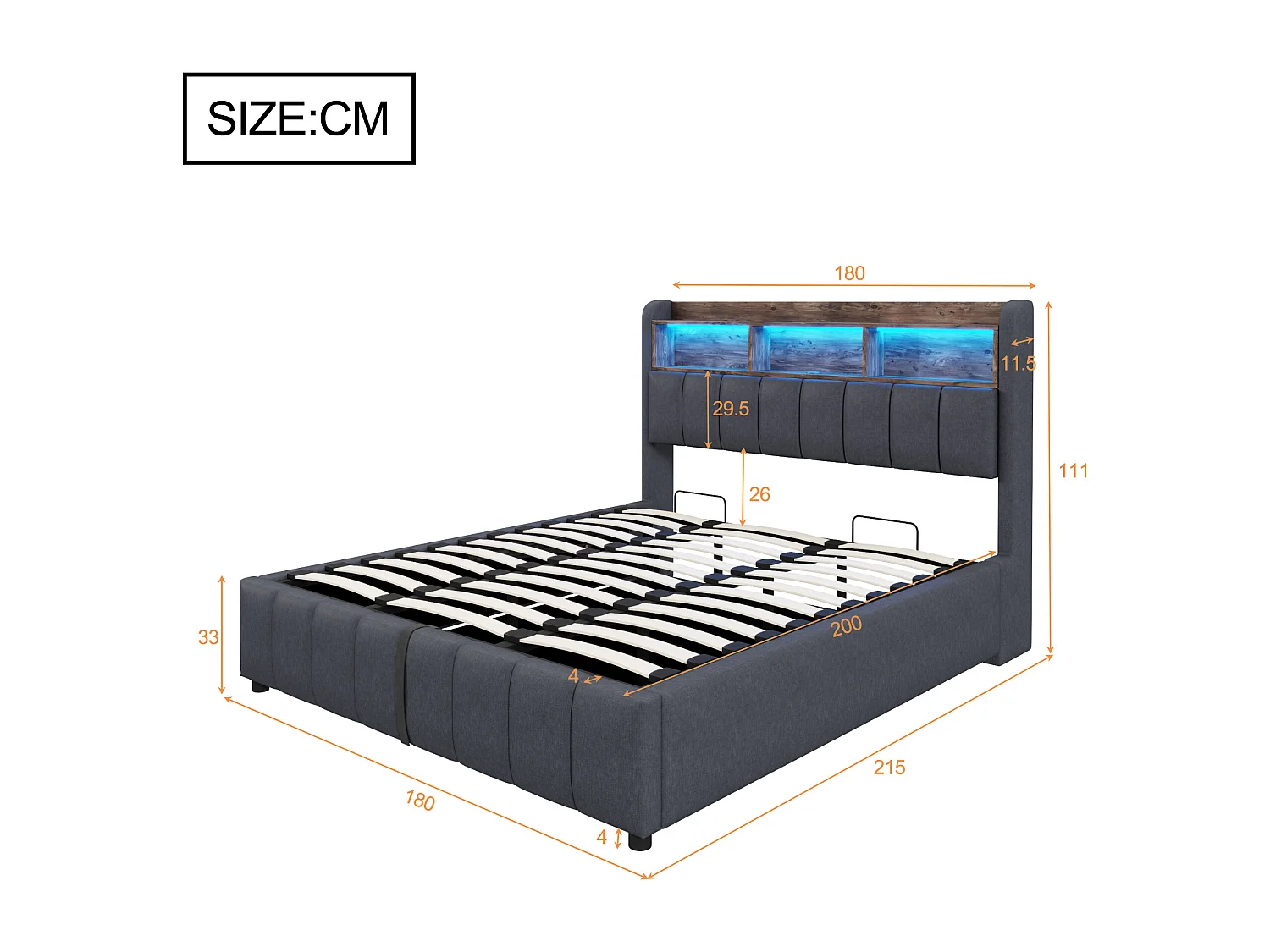 Lit coffre enfant 180x200cm avec LED et USB type-C, tête de lit de rangement, tissu en lin gris, sans matelas