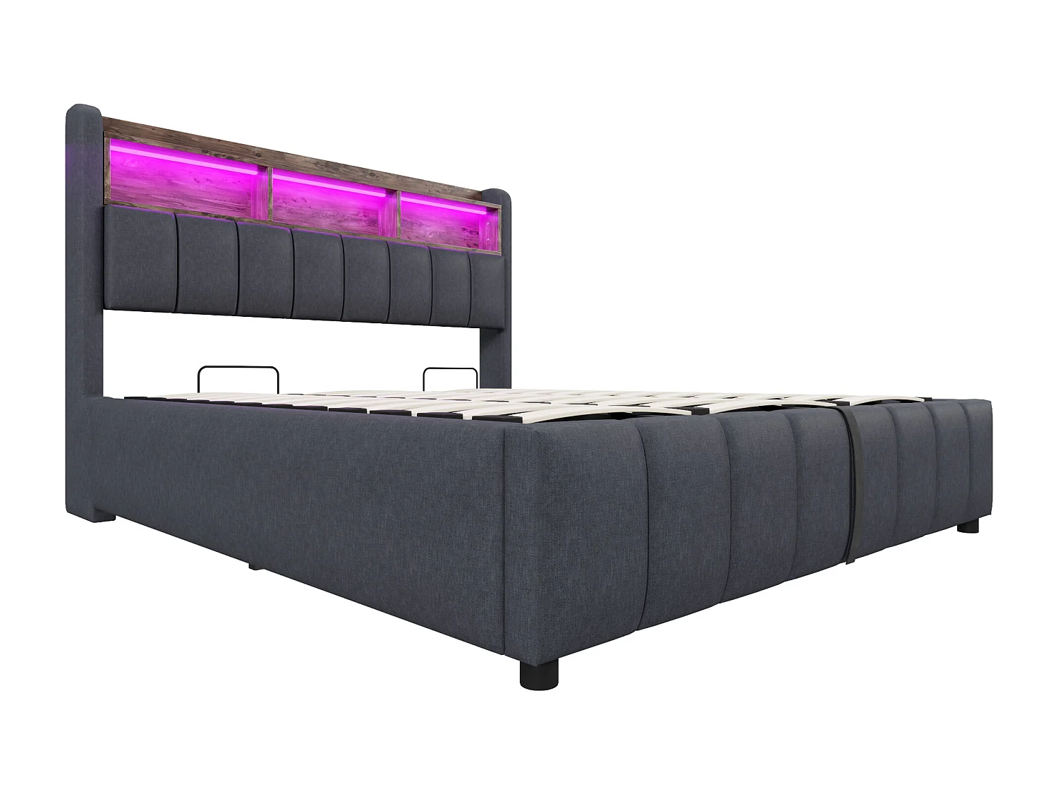 Lit coffre enfant 180x200cm avec LED et USB type-C, tête de lit de rangement, tissu en lin gris, sans matelas