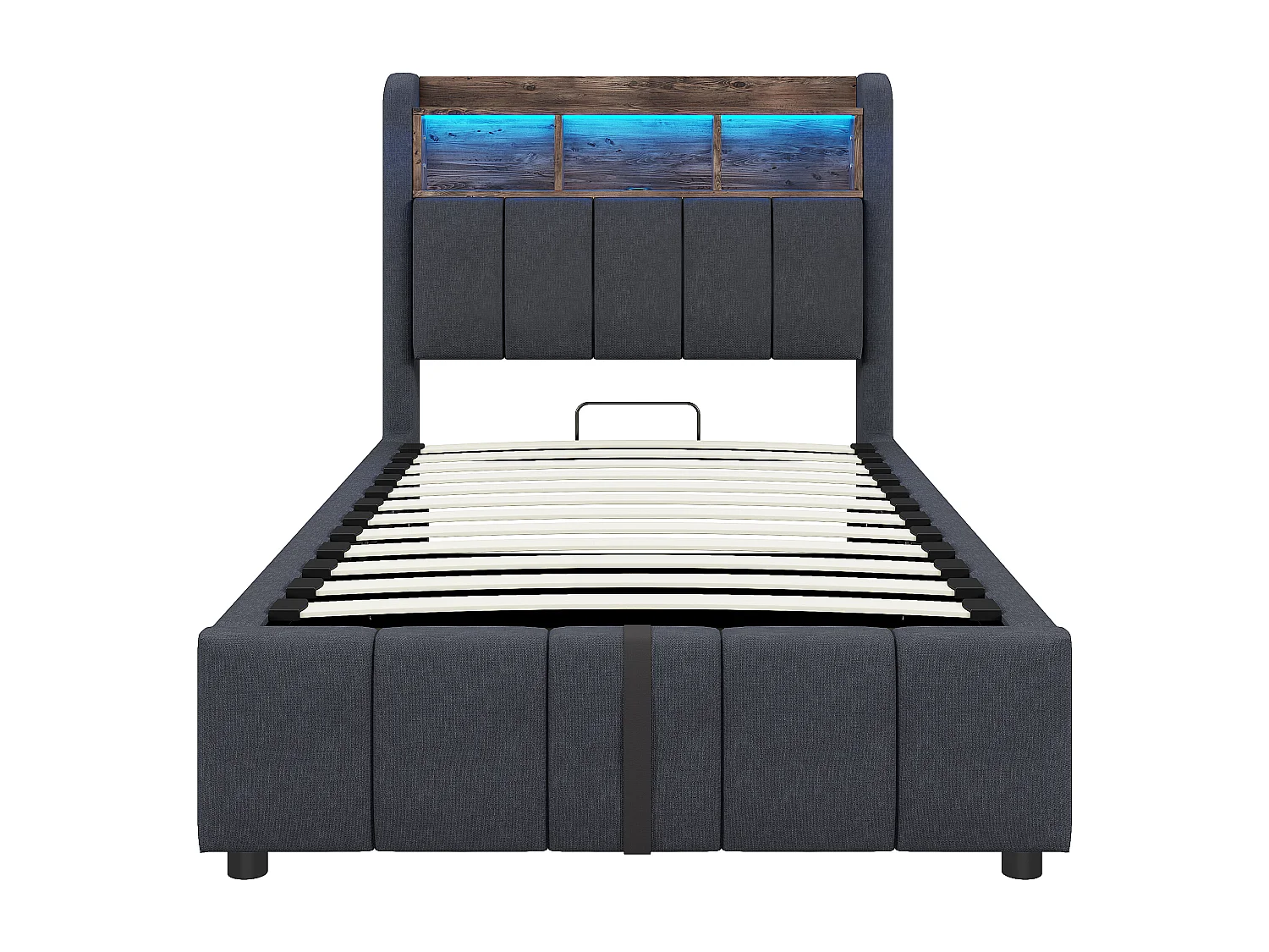 Kinderbed met opbergruimte 90x200cm met LED en USB type-C, opberghoofdeinde, grijze linnen stof, zonder matras