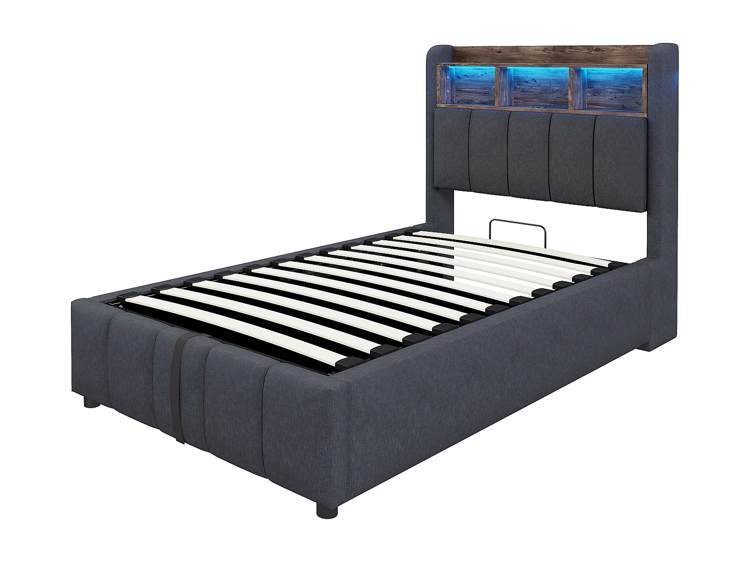 Kinderbed met opbergruimte 90x200cm met LED en USB type-C, opberghoofdeinde, grijze linnen stof, zonder matras