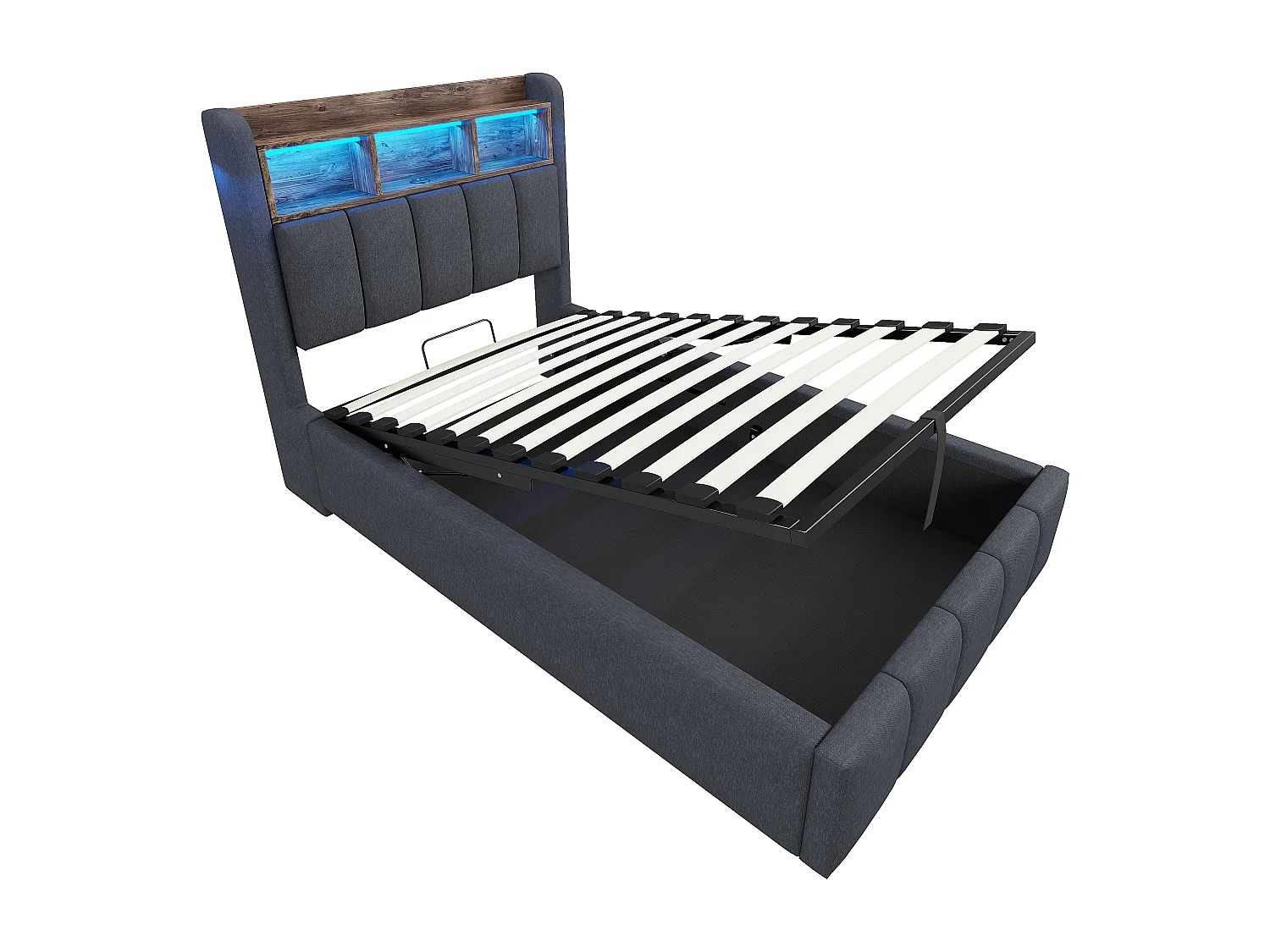 Lit coffre enfant 90x200cm avec LED et USB type-C, tête de lit de rangement, tissu en lin gris, sans matelas