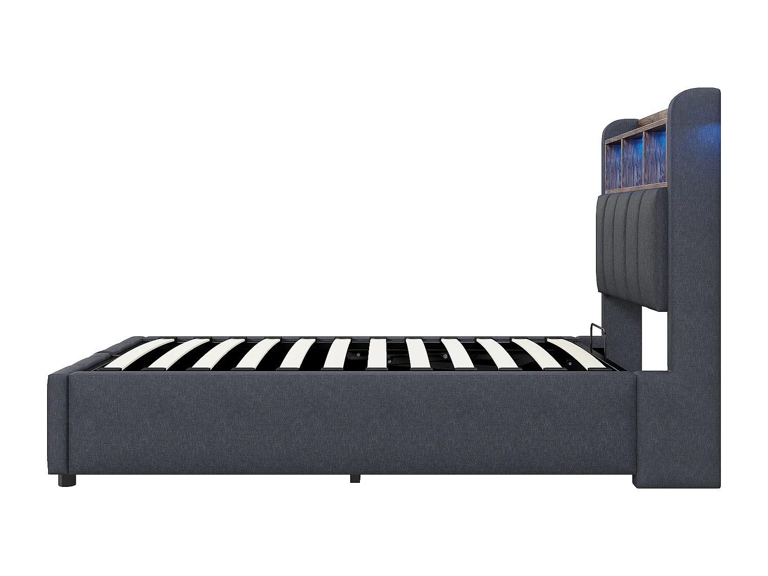 Lit coffre enfant 90x200cm avec LED et USB type-C, tête de lit de rangement, tissu en lin gris, sans matelas