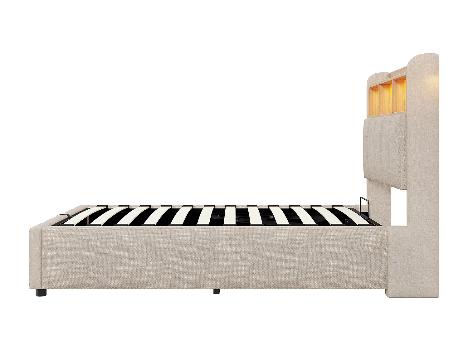 Kinderbed met opbergruimte 90x200cm met LED en USB type-C, opberghoofdeinde, beige linnen stof, zonder matras