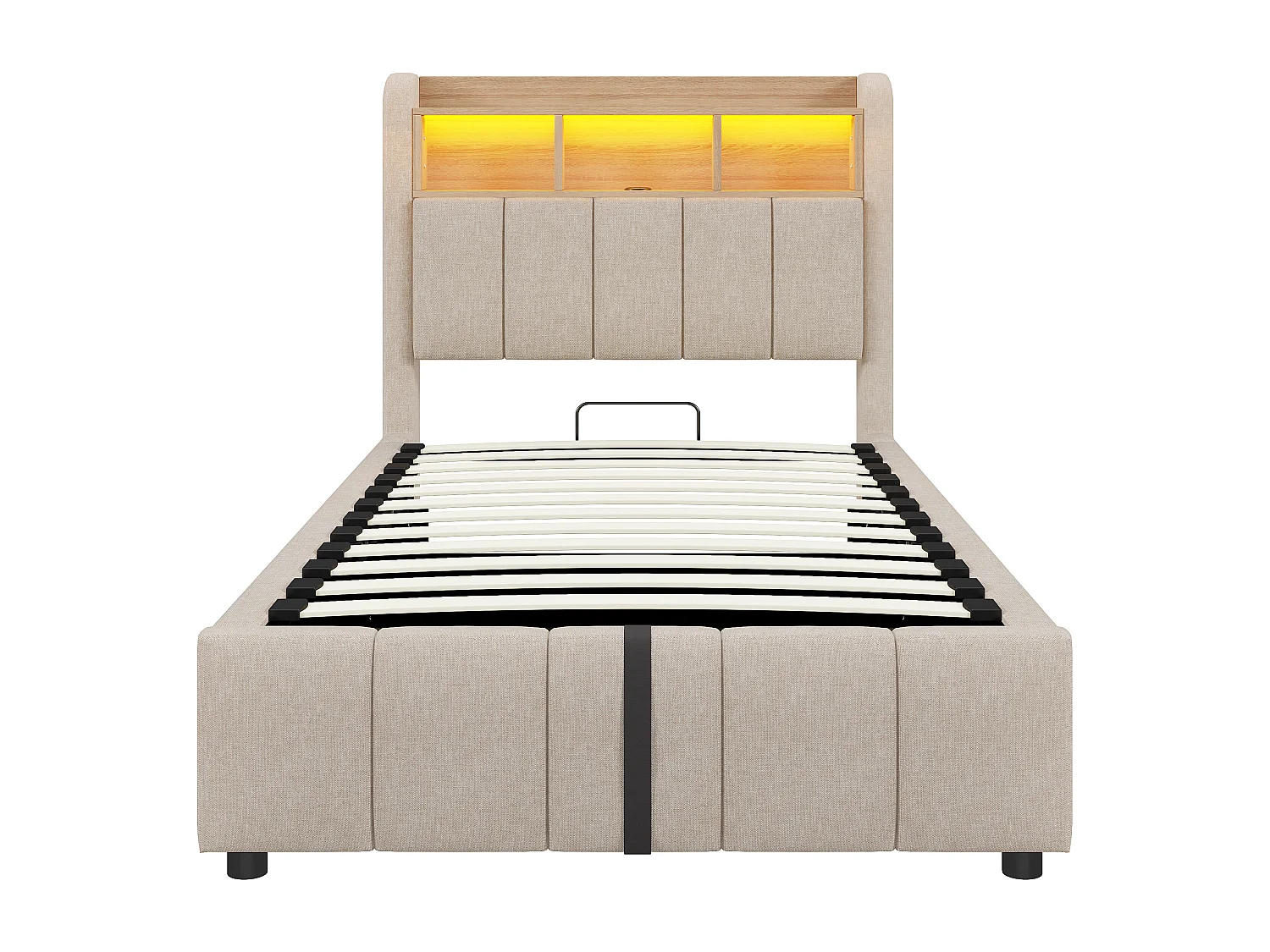 Kinderbed met opbergruimte 90x200cm met LED en USB type-C, opberghoofdeinde, beige linnen stof, zonder matras