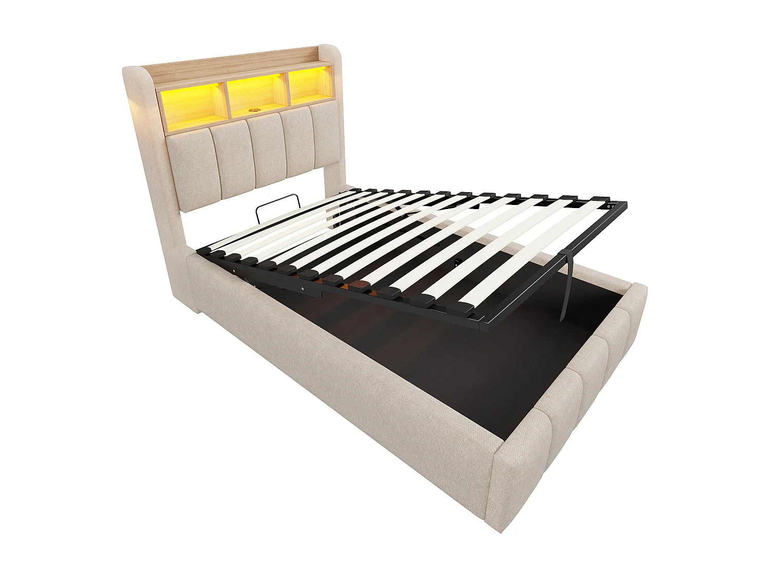 Lit coffre enfant 90x200cm avec LED et USB type-C, tête de lit de rangement, tissu en lin beige, sans matelas