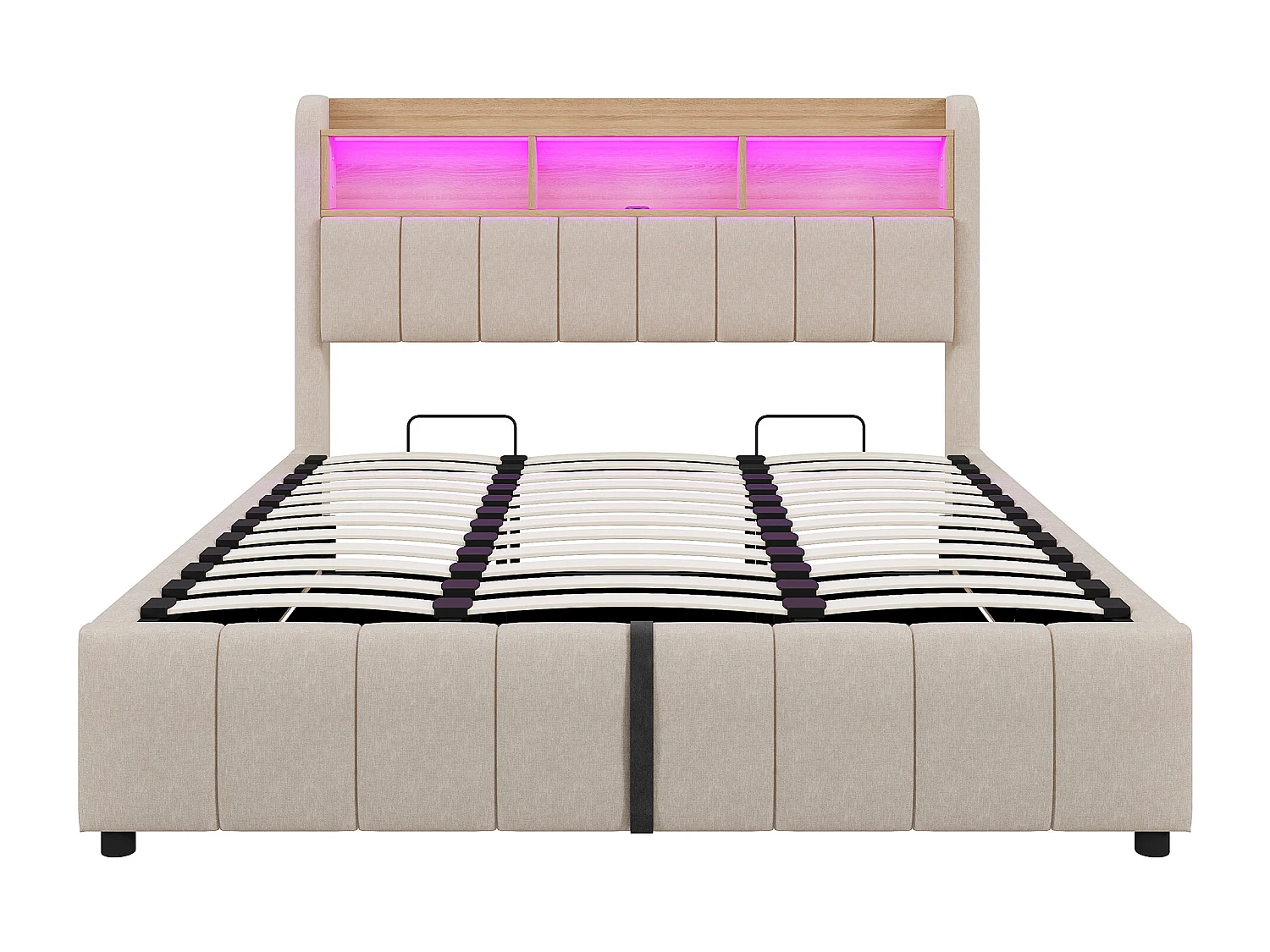 Letto contenitore per bambini 180x200cm con LED e USB tipo C, testiera contenitore, tessuto di lino beige, senza materasso