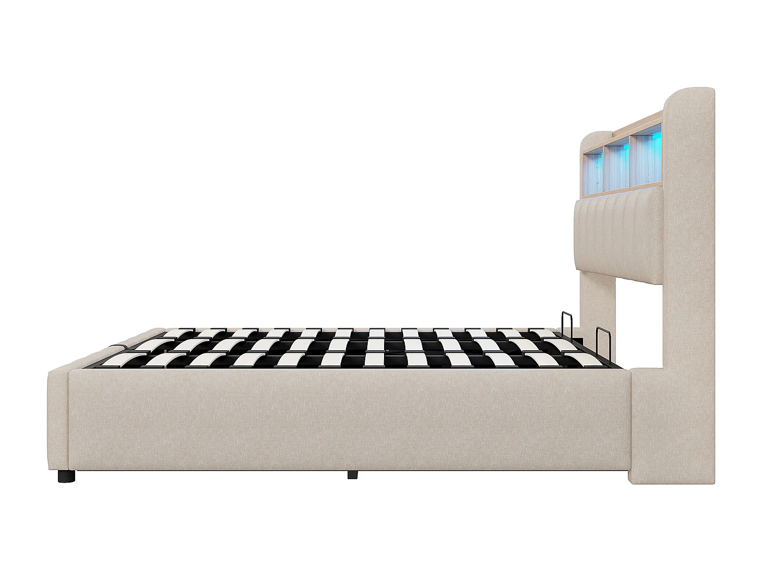 Letto contenitore per bambini 180x200cm con LED e USB tipo C, testiera contenitore, tessuto di lino beige, senza materasso