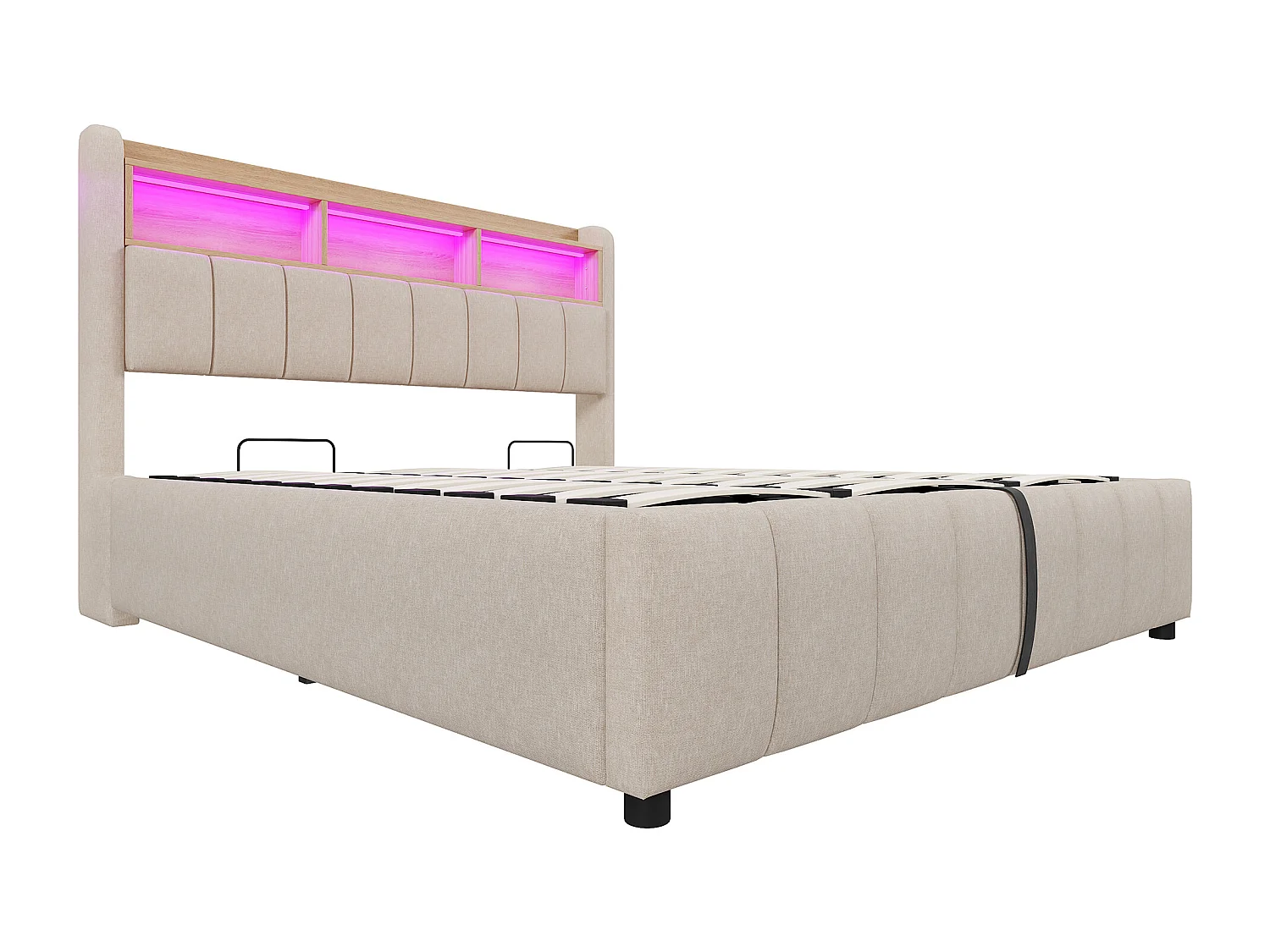 Letto contenitore per bambini 180x200cm con LED e USB tipo C, testiera contenitore, tessuto di lino beige, senza materasso