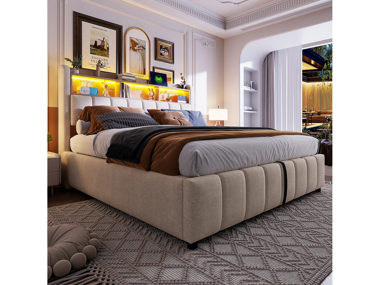 Lit coffre enfant 180x200cm avec LED et USB type-C, tête de lit de rangement, tissu en lin beige, sans matelas