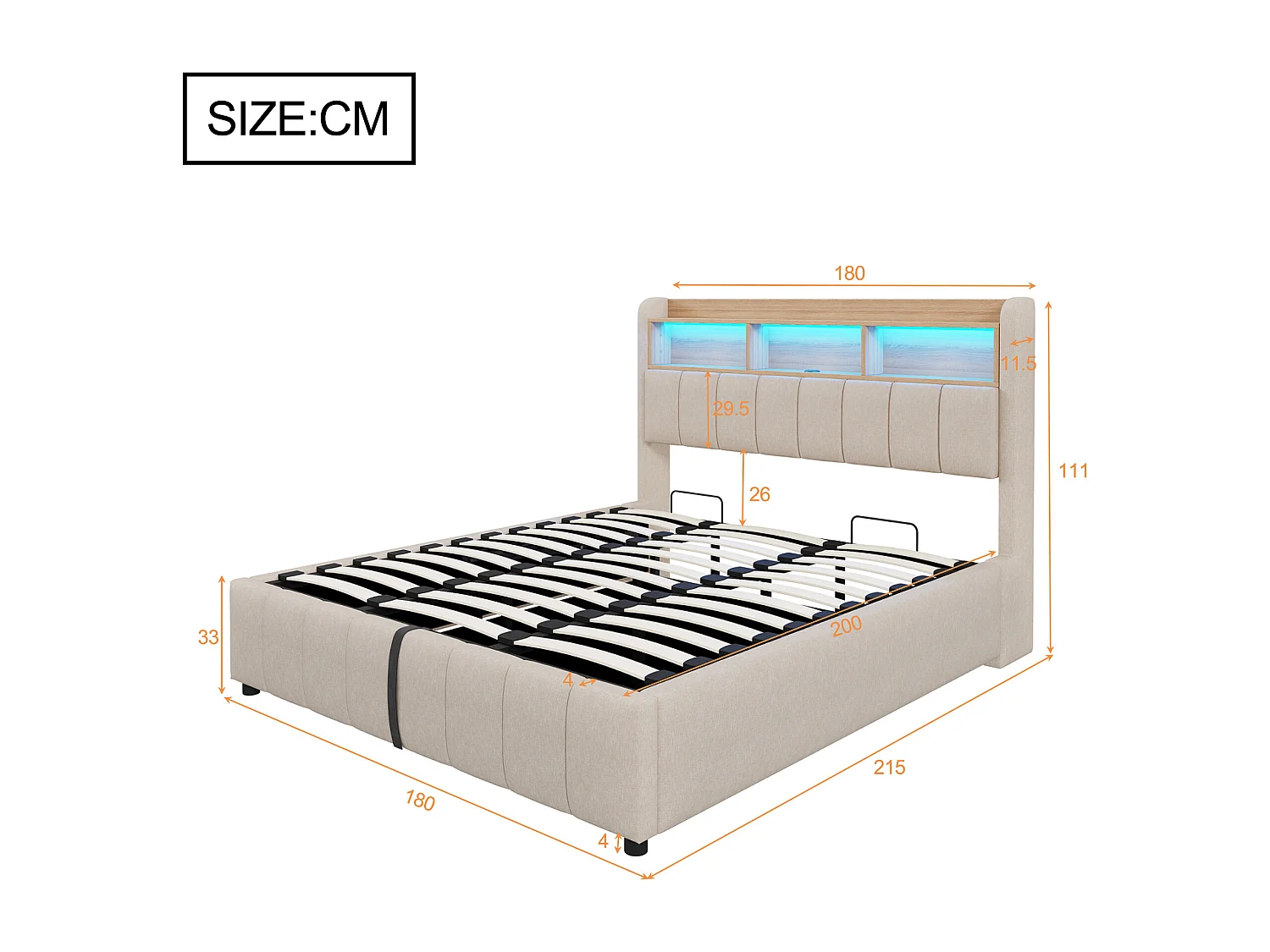 Lit coffre enfant 180x200cm avec LED et USB type-C, tête de lit de rangement, tissu en lin beige, sans matelas