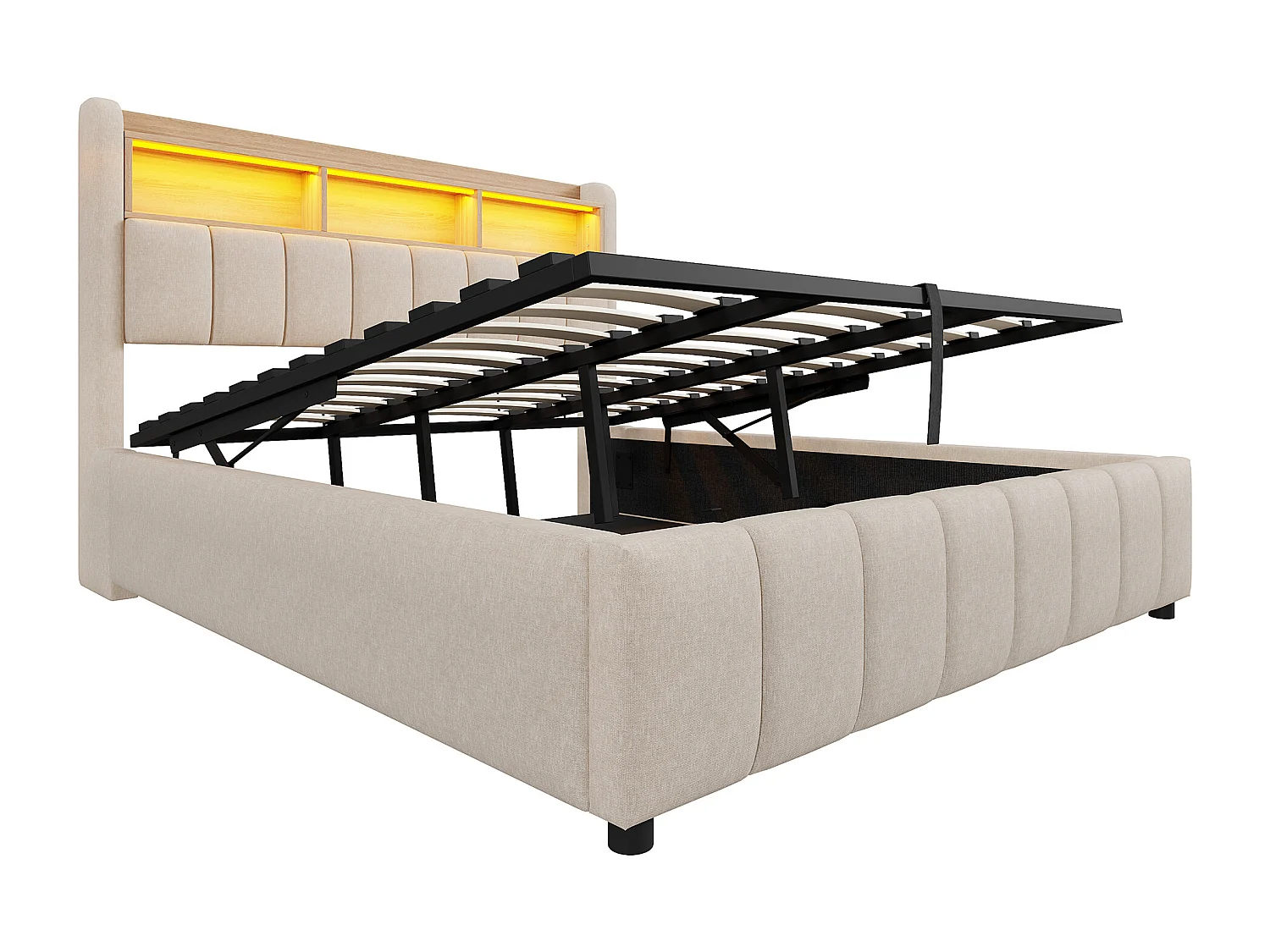 Lit coffre enfant 180x200cm avec LED et USB type-C, tête de lit de rangement, tissu en lin beige, sans matelas