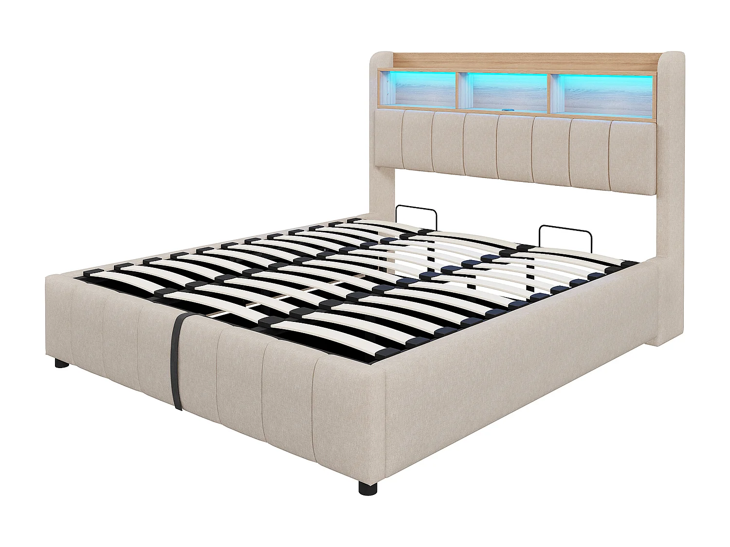 Lit coffre enfant 180x200cm avec LED et USB type-C, tête de lit de rangement, tissu en lin beige, sans matelas