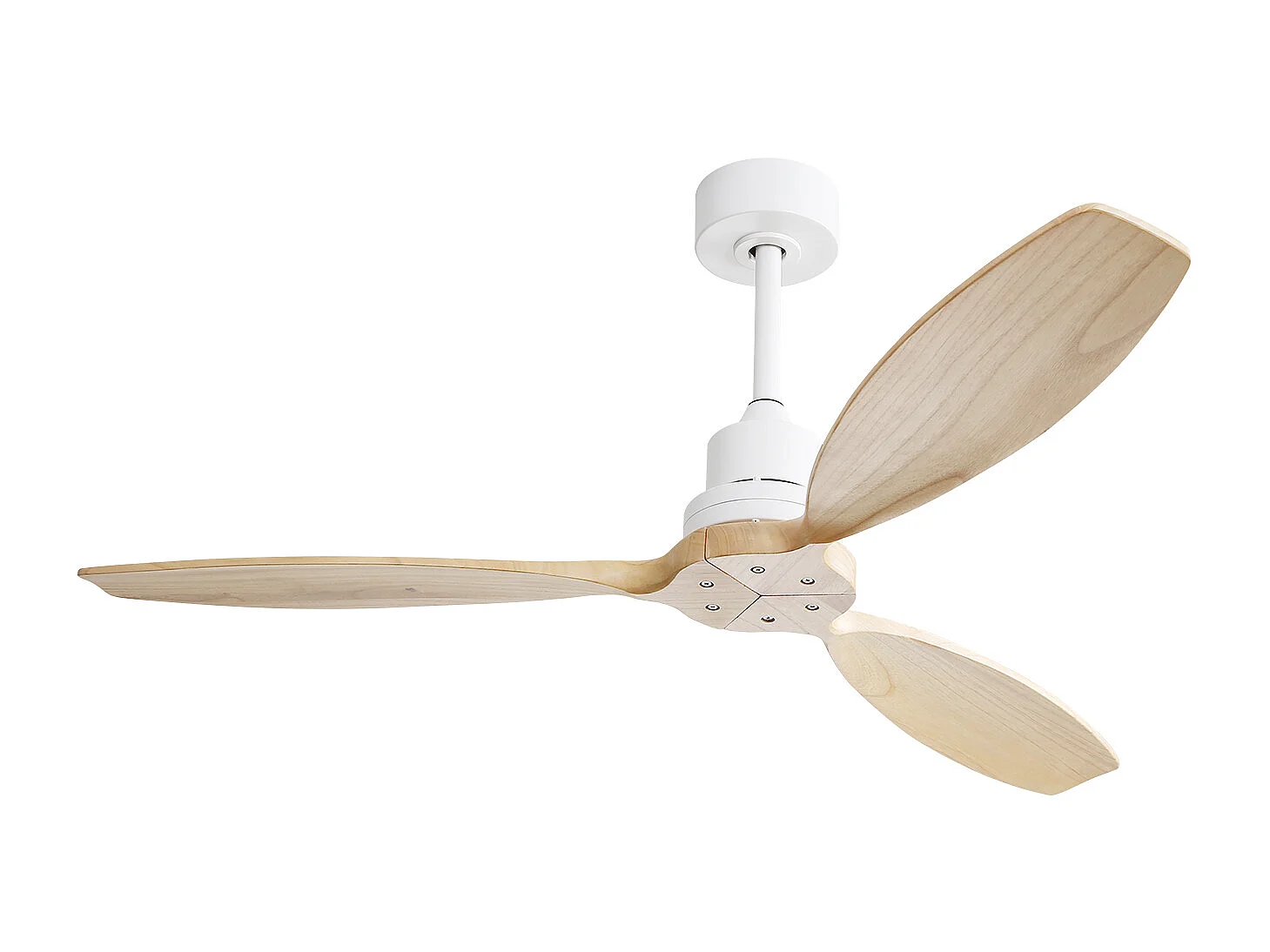 Ventilateur de plafond 132cm 3 pales en placage bois avec télécommande 6 vitesses et timer, Moteur DC réversible, blanc