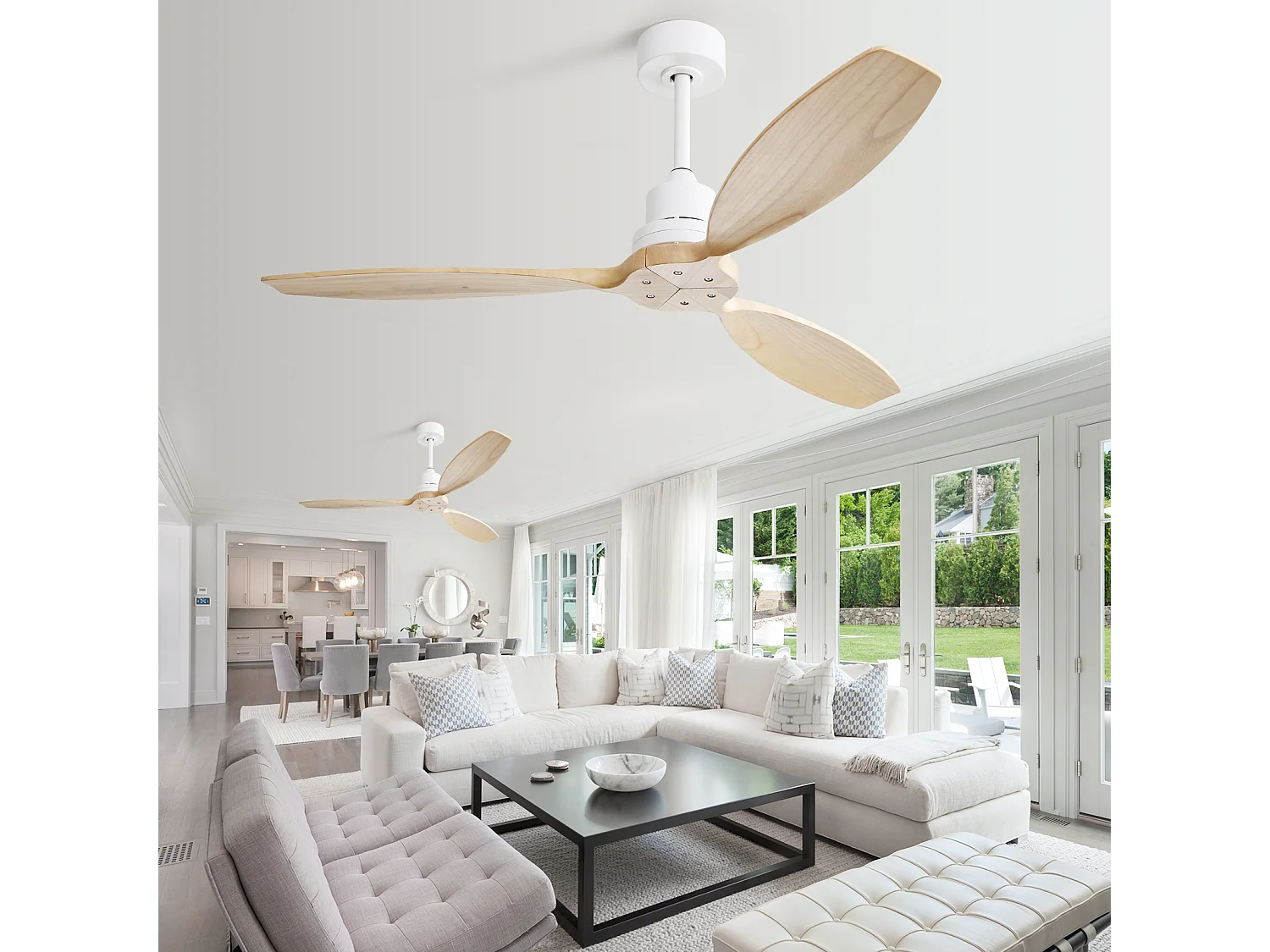 Ventilateur de plafond 132cm 3 pales en placage bois avec télécommande 6 vitesses et timer, Moteur DC réversible, blanc