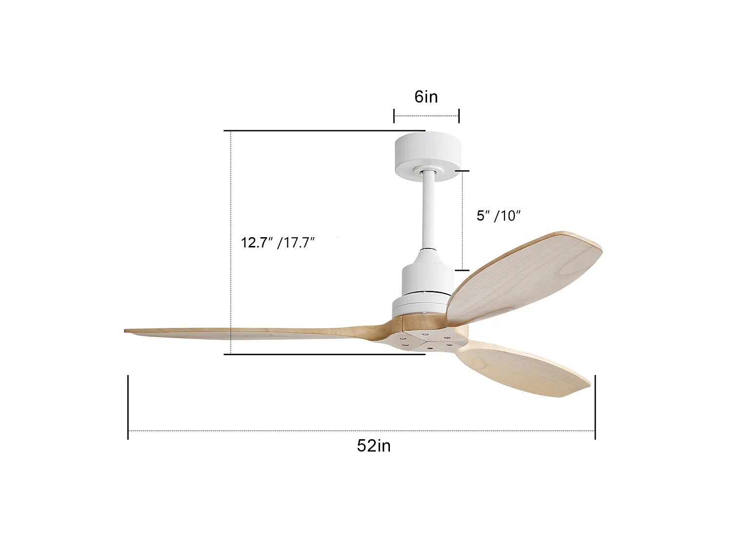 Ventilador de teto de 132 cm com 3 pás de folheado de madeira, controle remoto de 6 velocidades e temporizador, motor DC reversível, branco