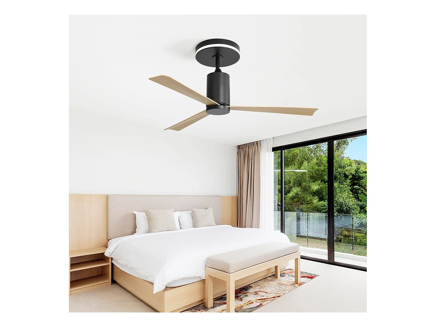 Ventilateur de plafond 132cm 3 pales en placage bois naturel avec LED, 6 vitesses et timer, Moteur DC réversible, Noir
