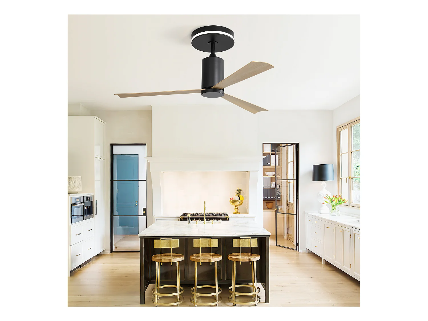 Ventilateur de plafond 132cm 3 pales en placage bois naturel avec LED, 6 vitesses et timer, Moteur DC réversible, Noir