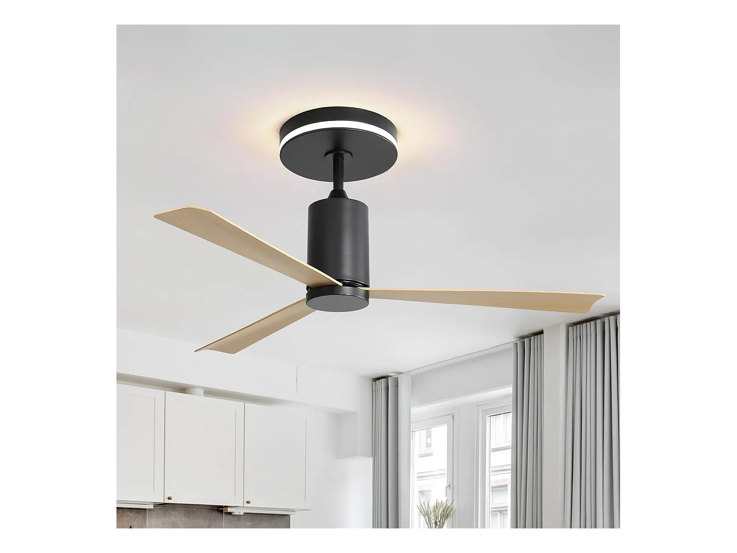 Ventilador de techo de 132 cm, 3 aspas en chapa de madera natural con LED, 6 velocidades y temporizador, motor CC reversible, color negro