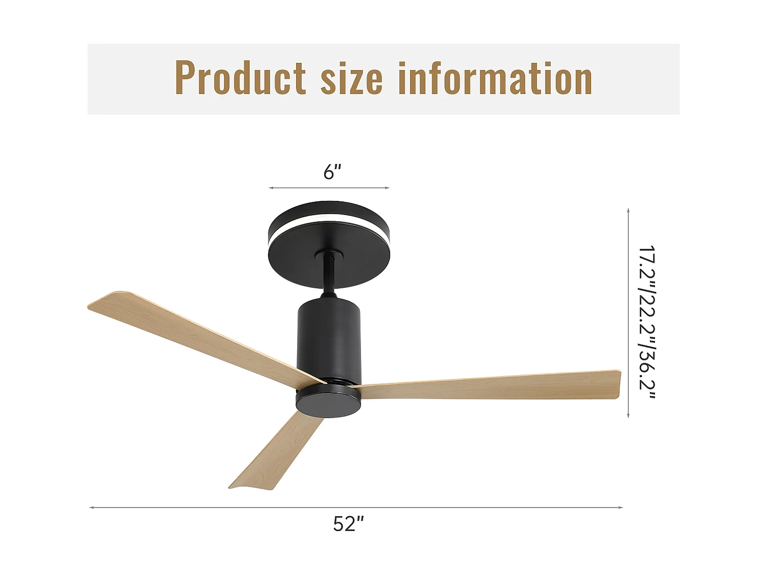 Ventilateur de plafond 132cm 3 pales en placage bois naturel avec LED, 6 vitesses et timer, Moteur DC réversible, Noir