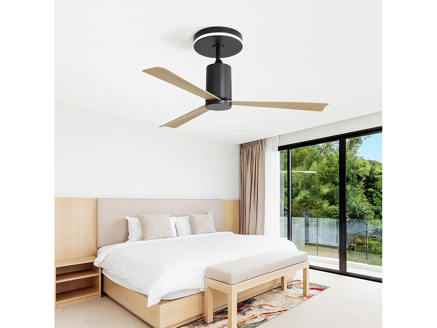 Ventilateur de plafond 132cm 3 pales en placage bois naturel avec LED, 6 vitesses et timer, Moteur DC réversible, Noir