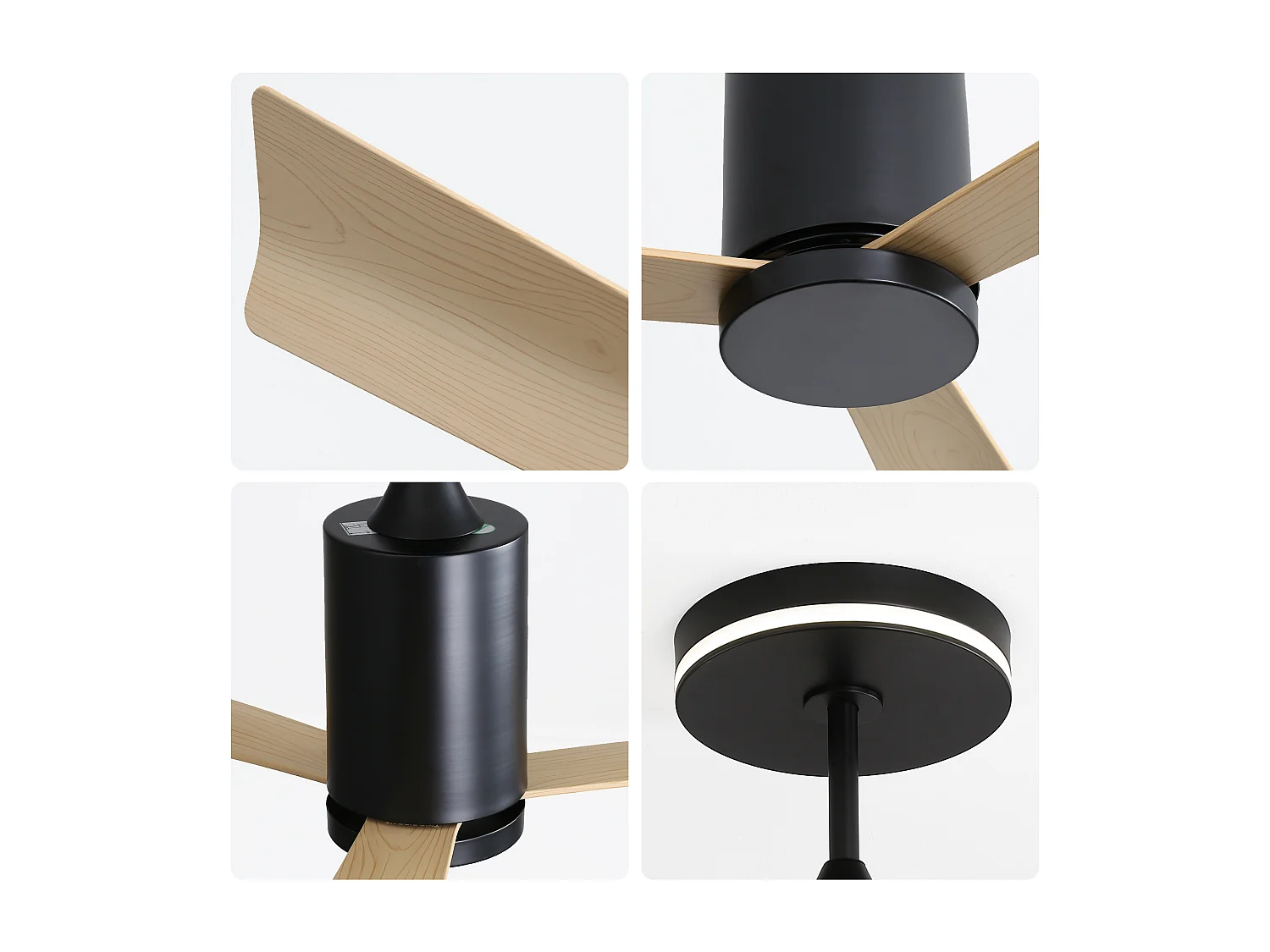 Ventilateur de plafond 132cm 3 pales en placage bois naturel avec LED, 6 vitesses et timer, Moteur DC réversible, Noir