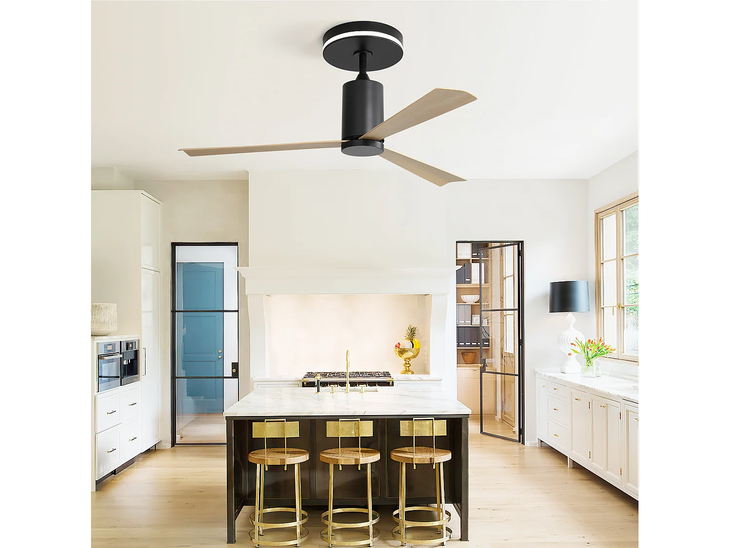 Ventilateur de plafond 132cm 3 pales en placage bois naturel avec LED, 6 vitesses et timer, Moteur DC réversible, Noir