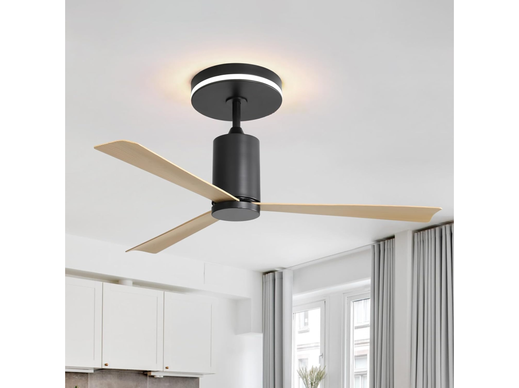 Ventilateur de plafond 132cm 3 pales en placage bois naturel avec LED, 6 vitesses et timer, Moteur DC réversible, Noir