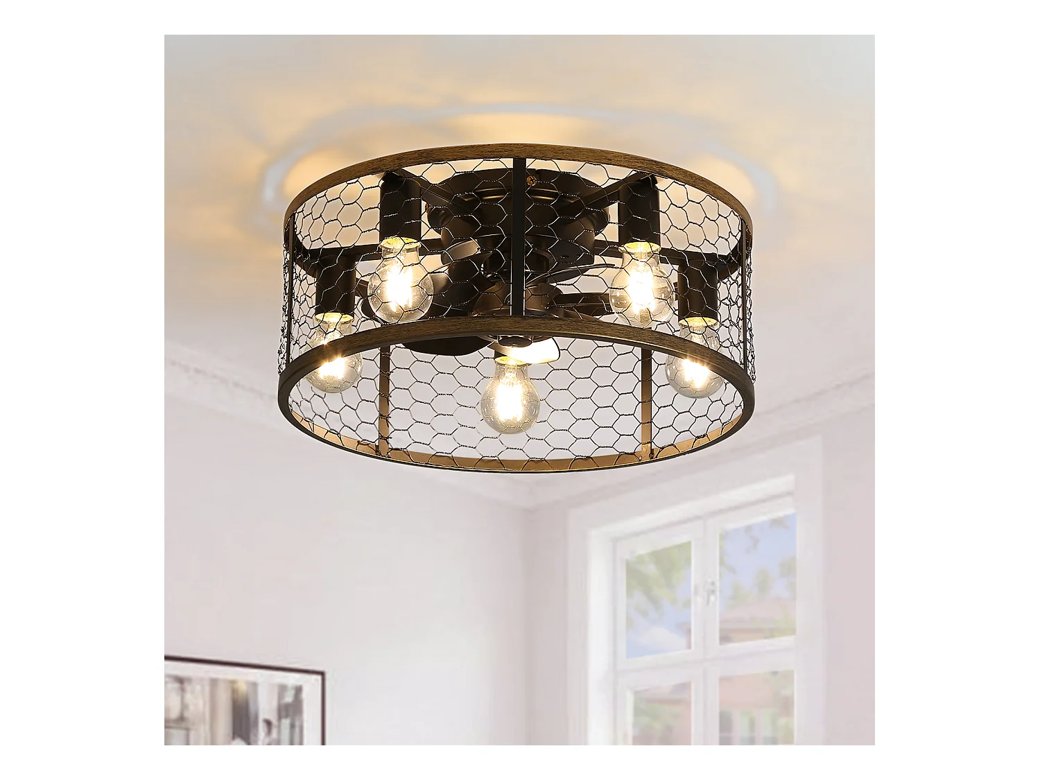 Ventilateur de plafond 50.8cm 7 pales avec éclairage et télécommande, sans tige de suspension， Moteur DC réversible, noir