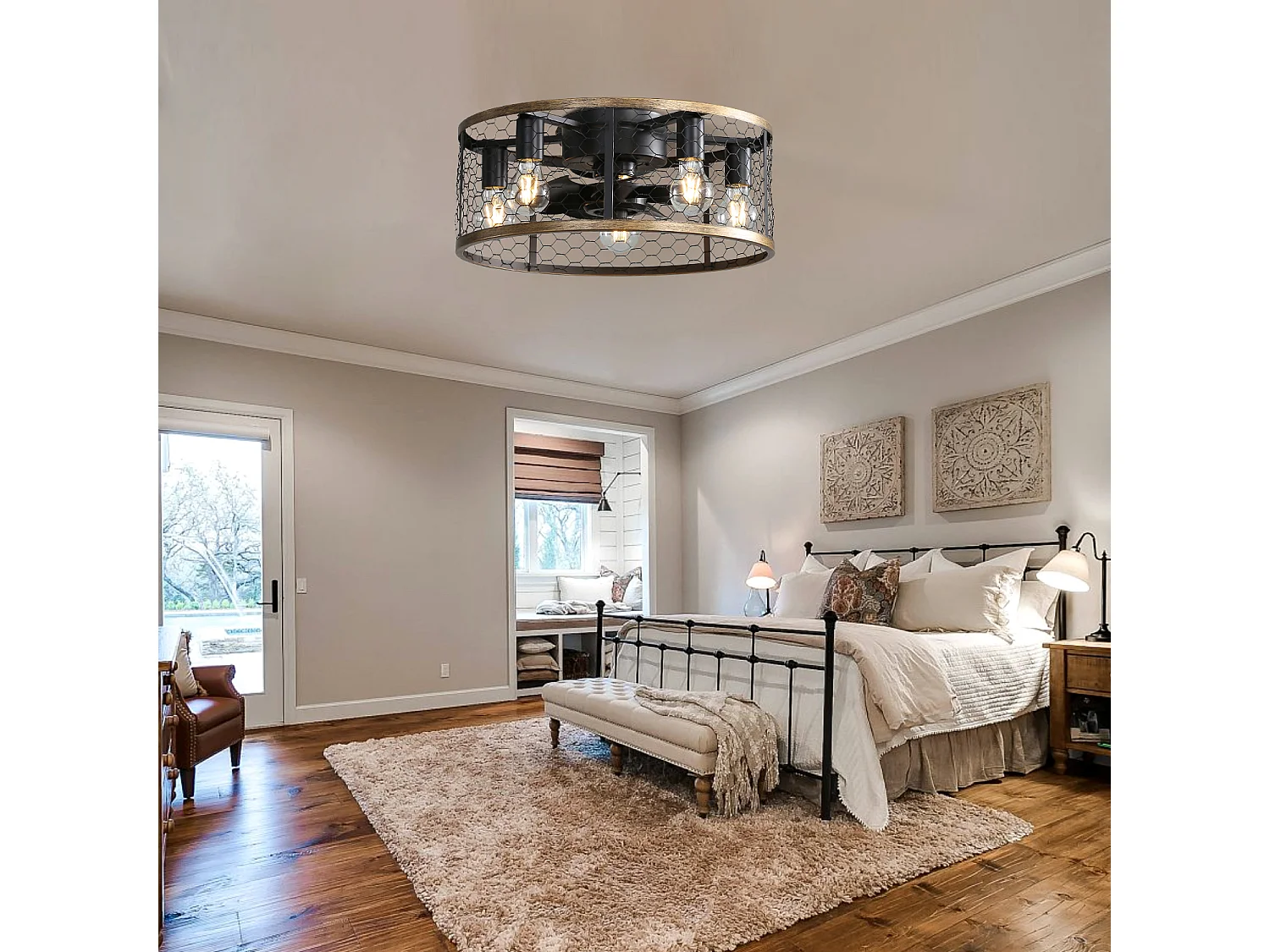 Ventilateur de plafond 50.8cm 7 pales avec éclairage et télécommande, sans tige de suspension， Moteur DC réversible, noir