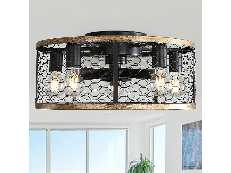 Ventilateur de plafond 50.8cm 7 pales avec éclairage et télécommande, sans tige de suspension， Moteur DC réversible, noir