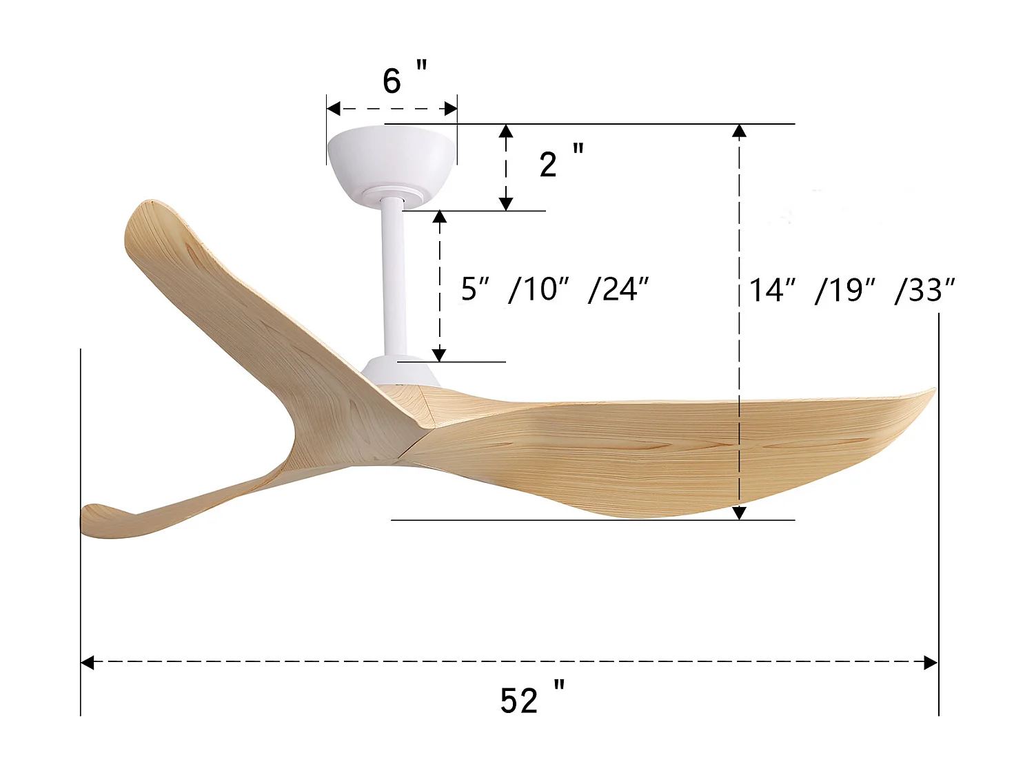 Ventilateur de plafond 132cm 3 pales courbées avec télécommande 6 vitesses et timer, Moteur DC réversible, naturel clair